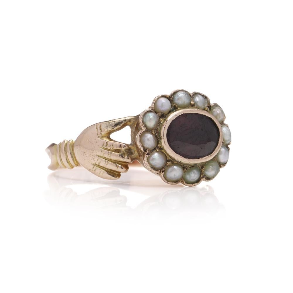 Women's Georgian Fede garnet and pearl ring in 15kt gold  For Sale