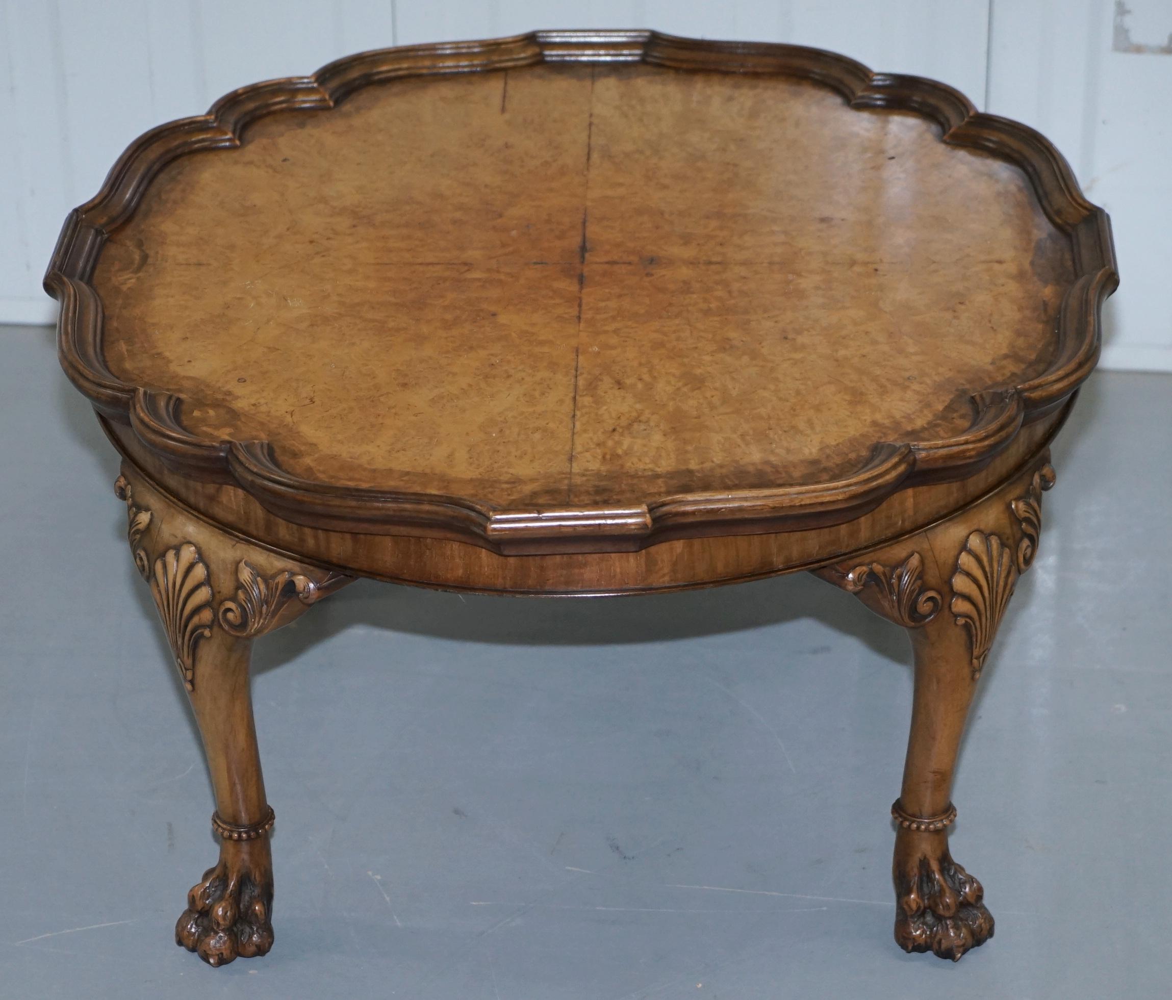 We are delighted to offer for sale this stunning Georgian Irish style circa 1920s Burr walnut coffee table with lovely carved cabriolet legs finished with lion hairy paw feet

A very good looking and well-made table, in the Georgian Irish manor,