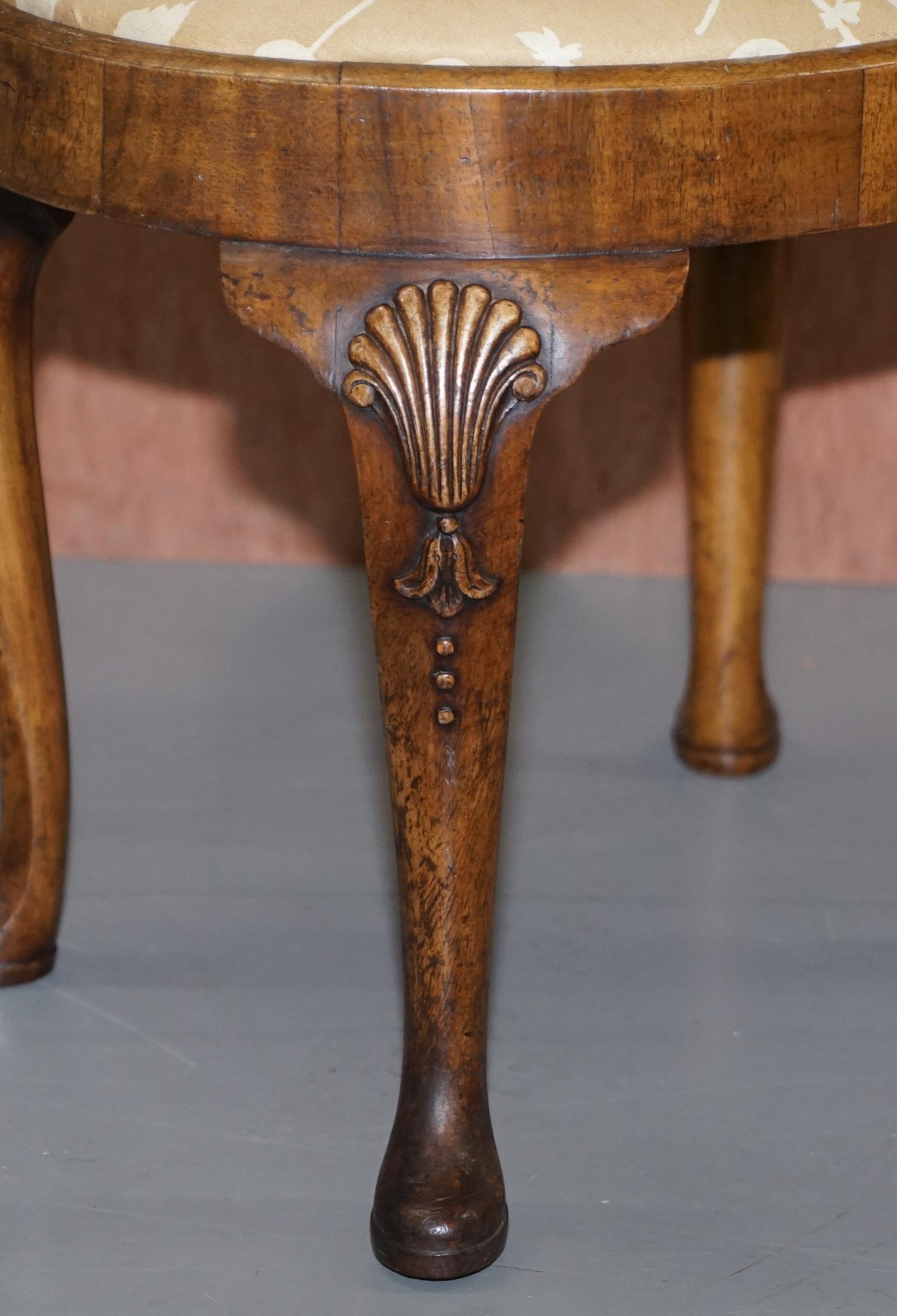 Upholstery Georgian Irish Walnut Stool, Ornately Acanthus Leaf Carved Legs Lovely Patina