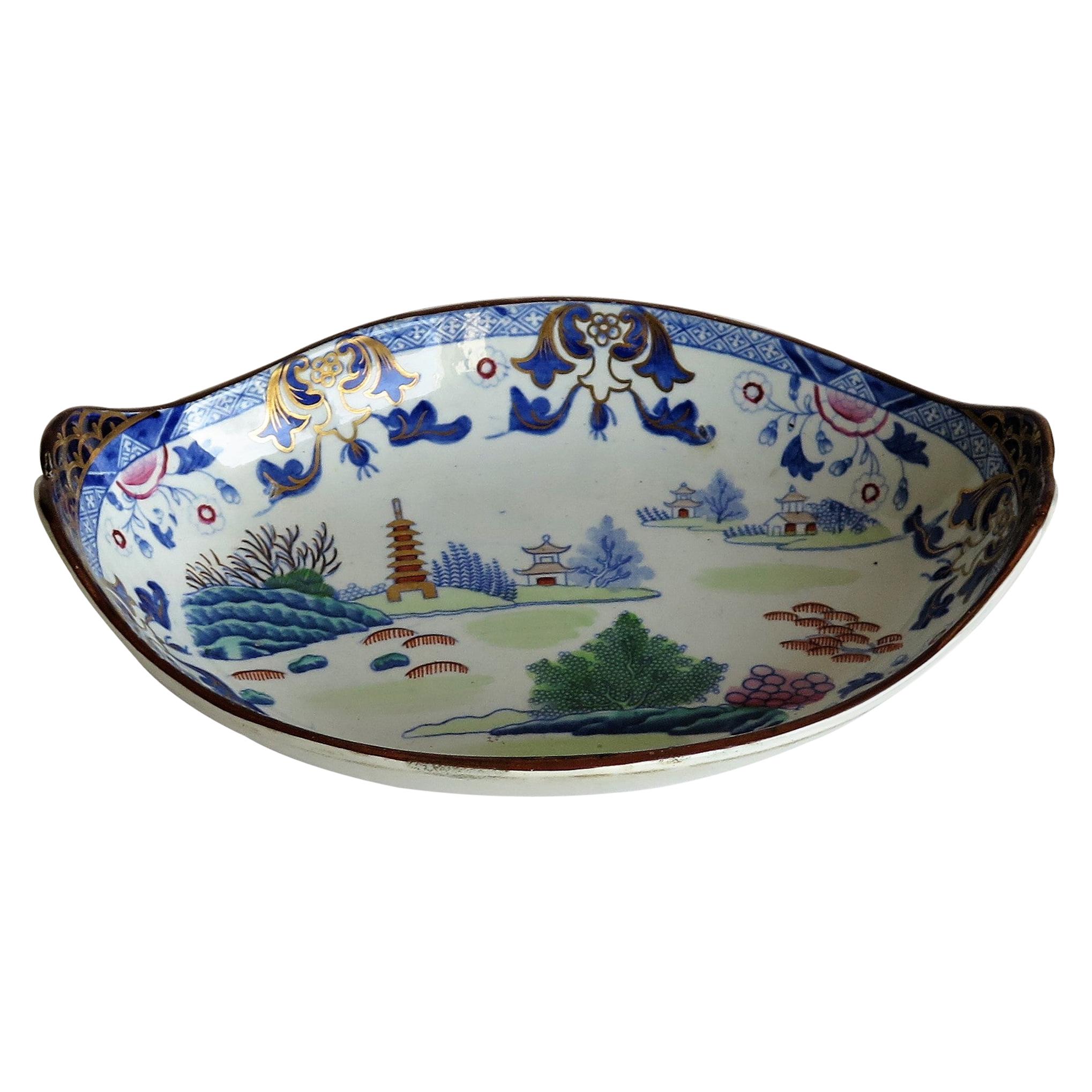 This is a good ironstone (stone china) Desert Dish, in the Chinese Landscape pattern, circa 1818, which we attribute to the factory of Hicks and Meigh of Shelton, Hanley, Staffordshire Potteries, England, who made good quality earthenware and