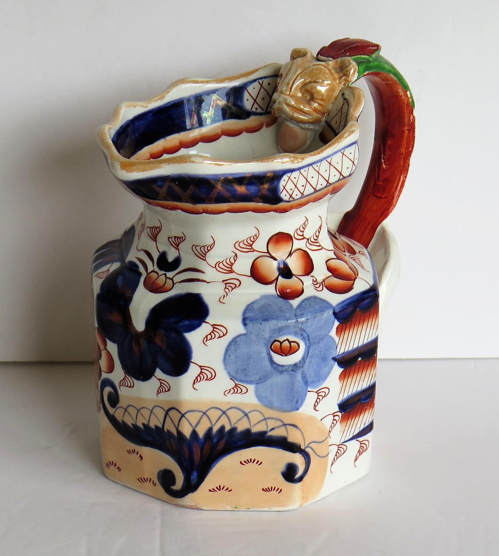 Georgian Ironstone Jug with Dragon Handle Hand Painted, Staffordshire circa 1820 2