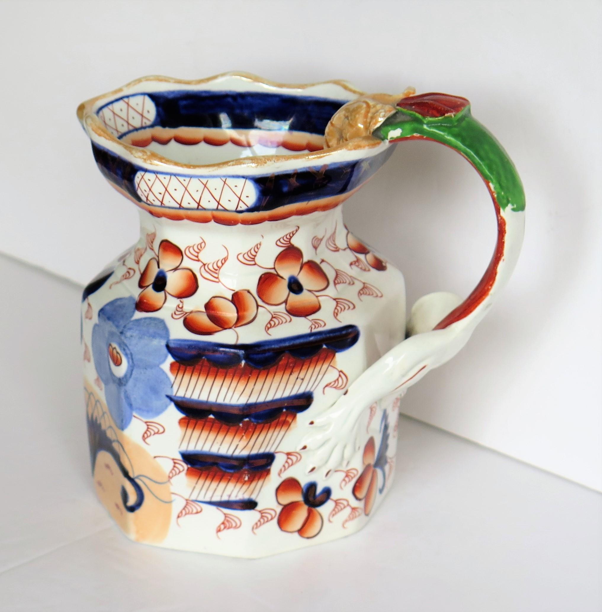 English Georgian Ironstone Jug with Dragon Handle Hand Painted, Staffordshire circa 1820