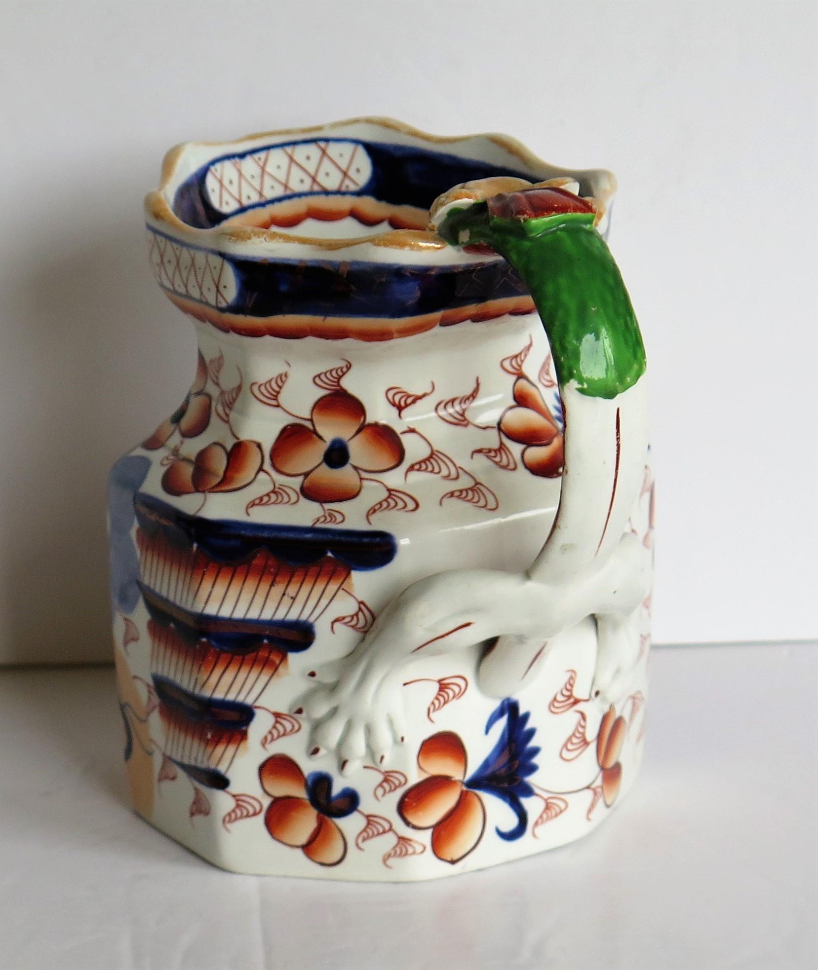 Hand-Painted Georgian Ironstone Jug with Dragon Handle Hand Painted, Staffordshire circa 1820