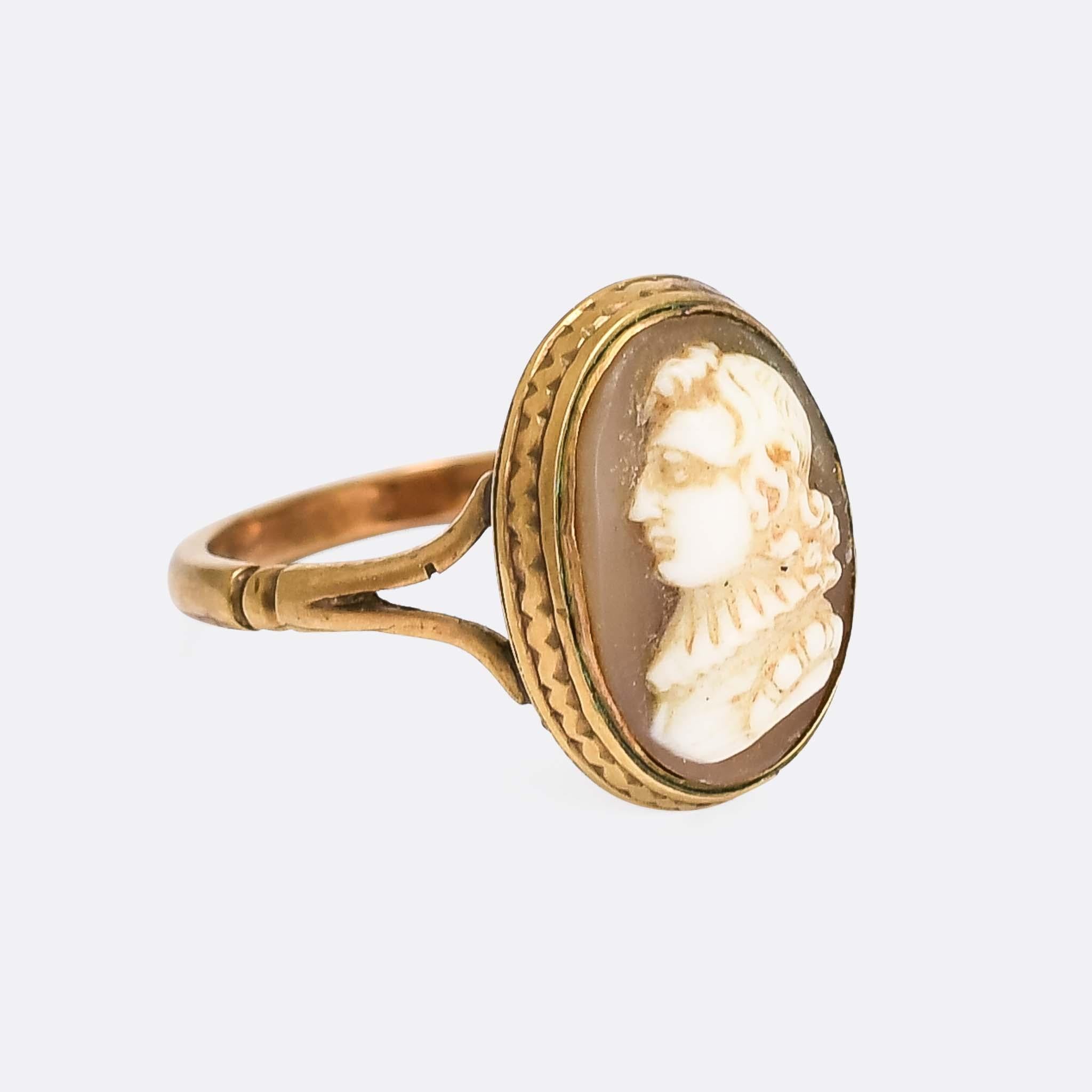 A cool Georgian cameo ring depicting John Milton. Milton was an English poet and intellectual who served as a civil servant in the Commonwealth of England under Oliver Cromwell. He's obviously best known for his epic poem Paradise lost, written at a
