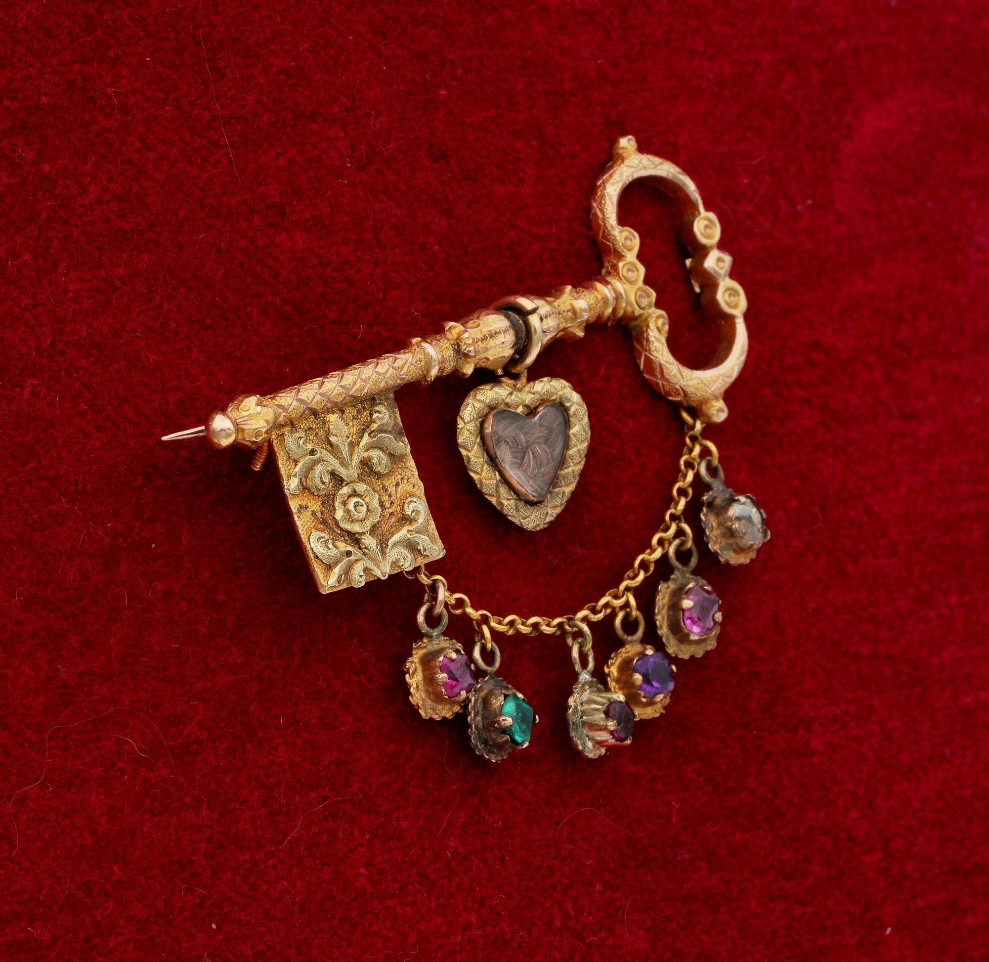 Georgian Key to My Heart Rare 18 Karat Acrostic Brooch In Good Condition For Sale In Napoli, IT