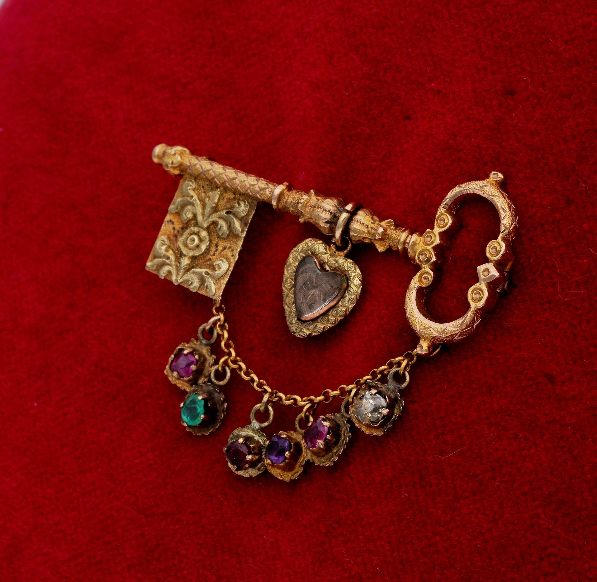 Georgian Key to My Heart Rare 18 Karat Acrostic Brooch For Sale 1