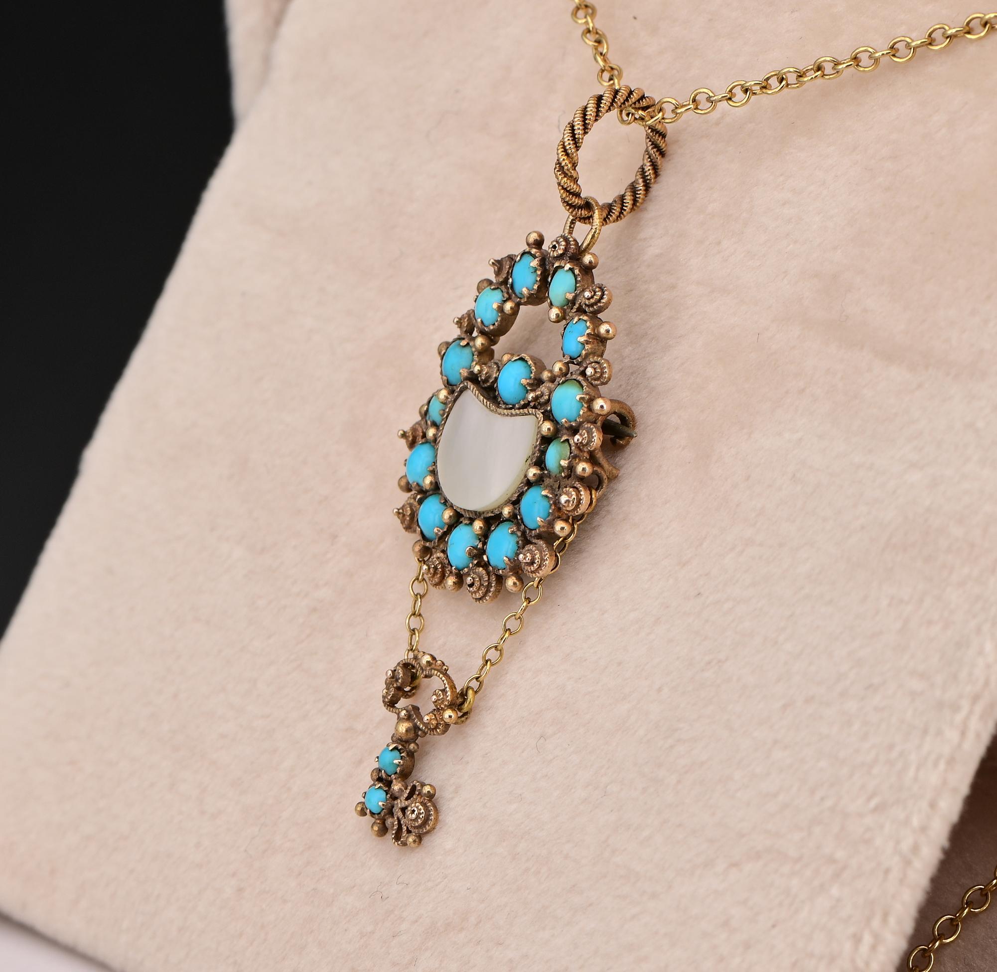 Women's or Men's Georgian Key To My Heart Turquoise Padlock 18 KT Brooch/Pendant/Chain For Sale