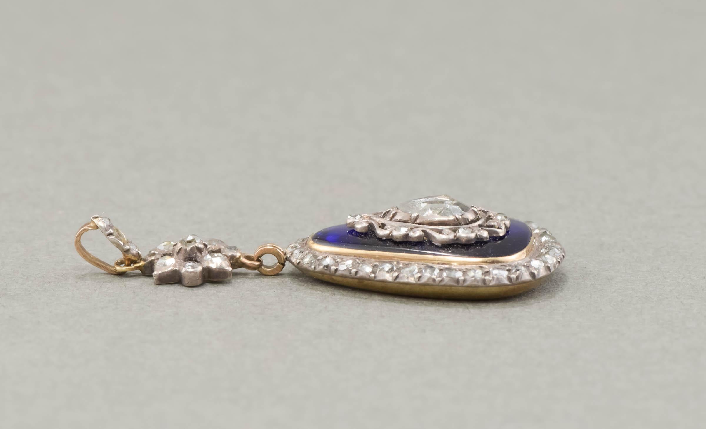 Georgian Large Diamond & Bristol Blue Glass Drop Pendant with Hand Engraving For Sale 5