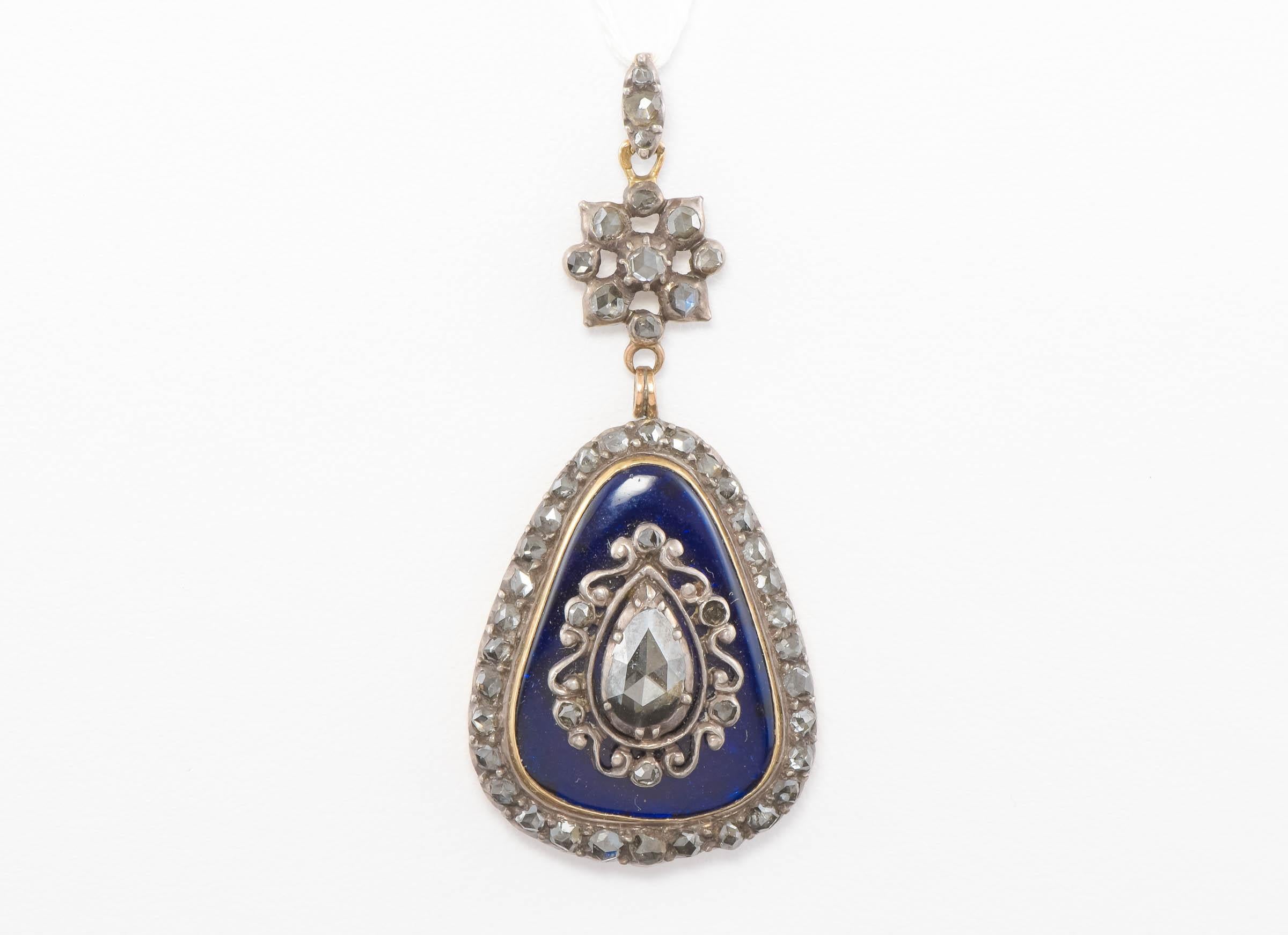 Rose Cut Georgian Large Diamond & Bristol Blue Glass Drop Pendant with Hand Engraving For Sale