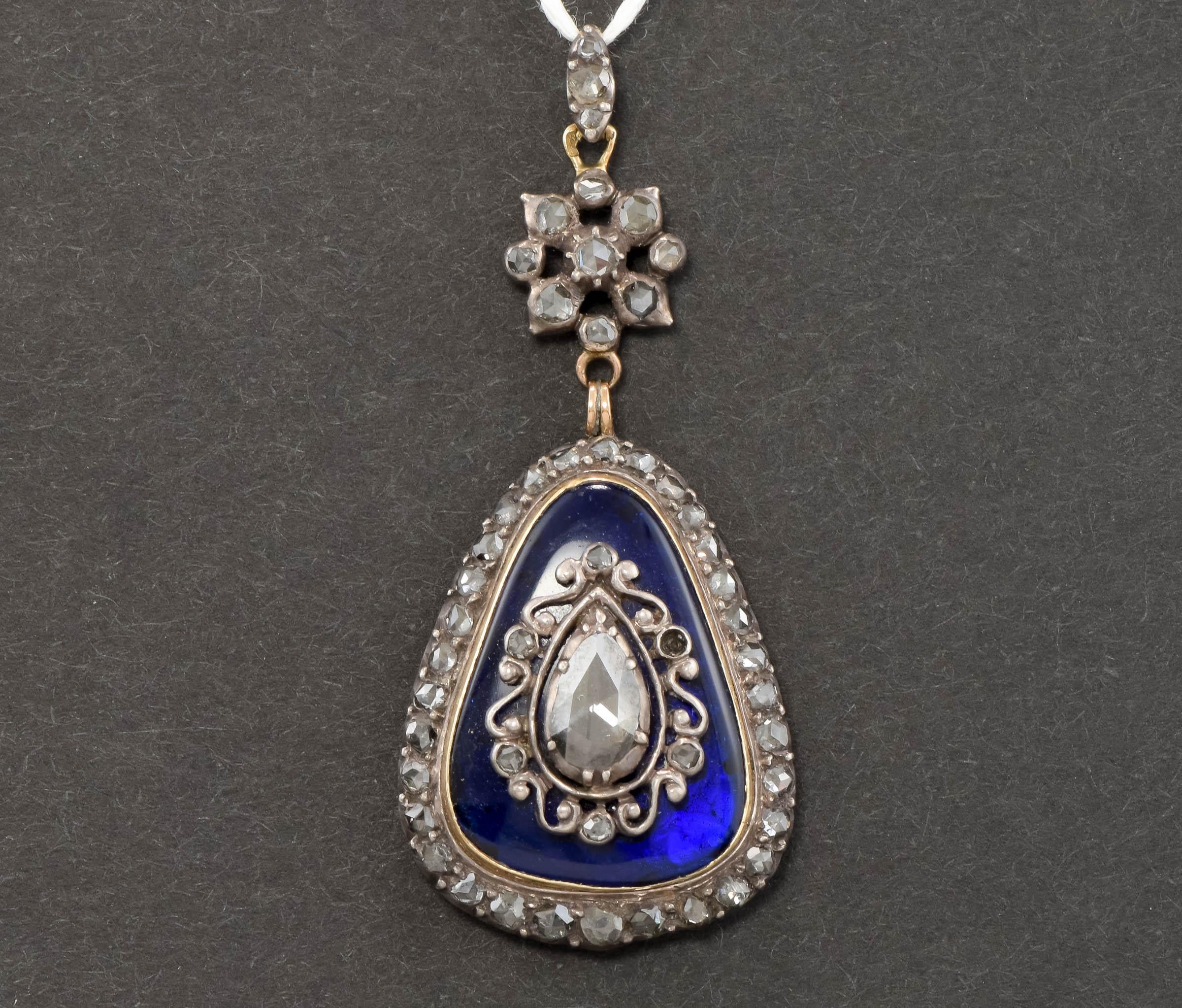 Georgian Large Diamond & Bristol Blue Glass Drop Pendant with Hand Engraving In Good Condition For Sale In Danvers, MA