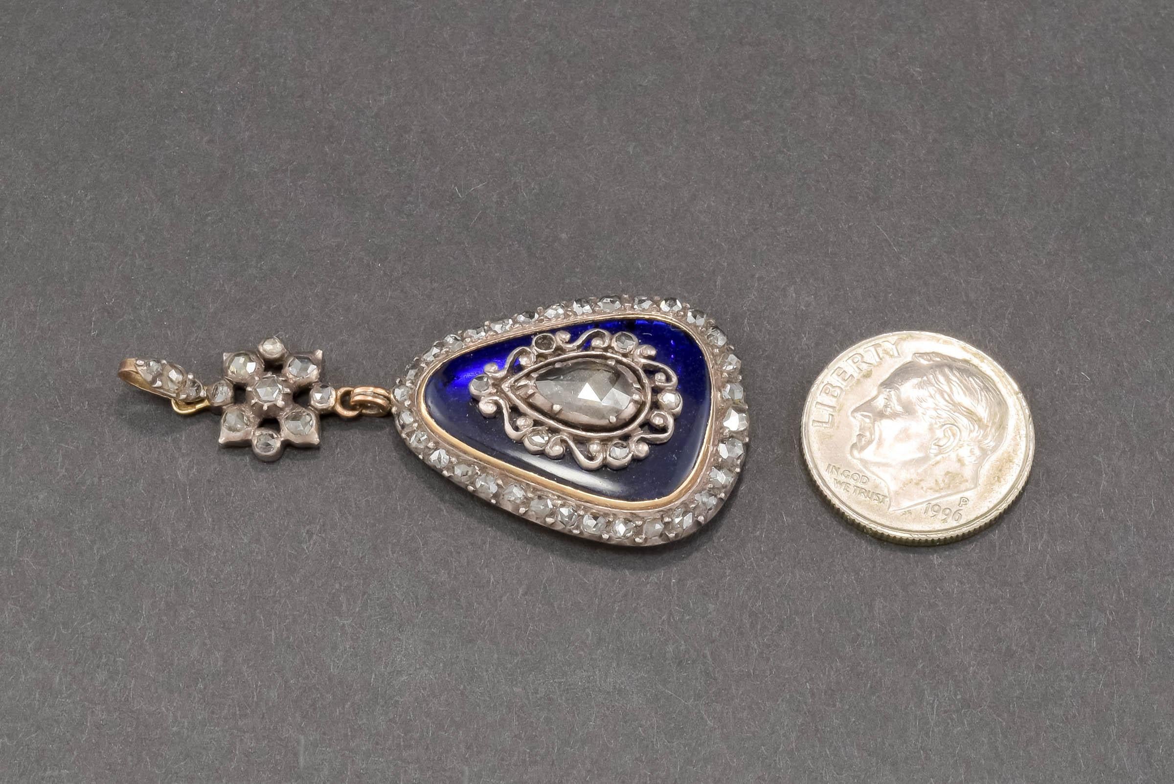 Georgian Large Diamond & Bristol Blue Glass Drop Pendant with Hand Engraving For Sale 3