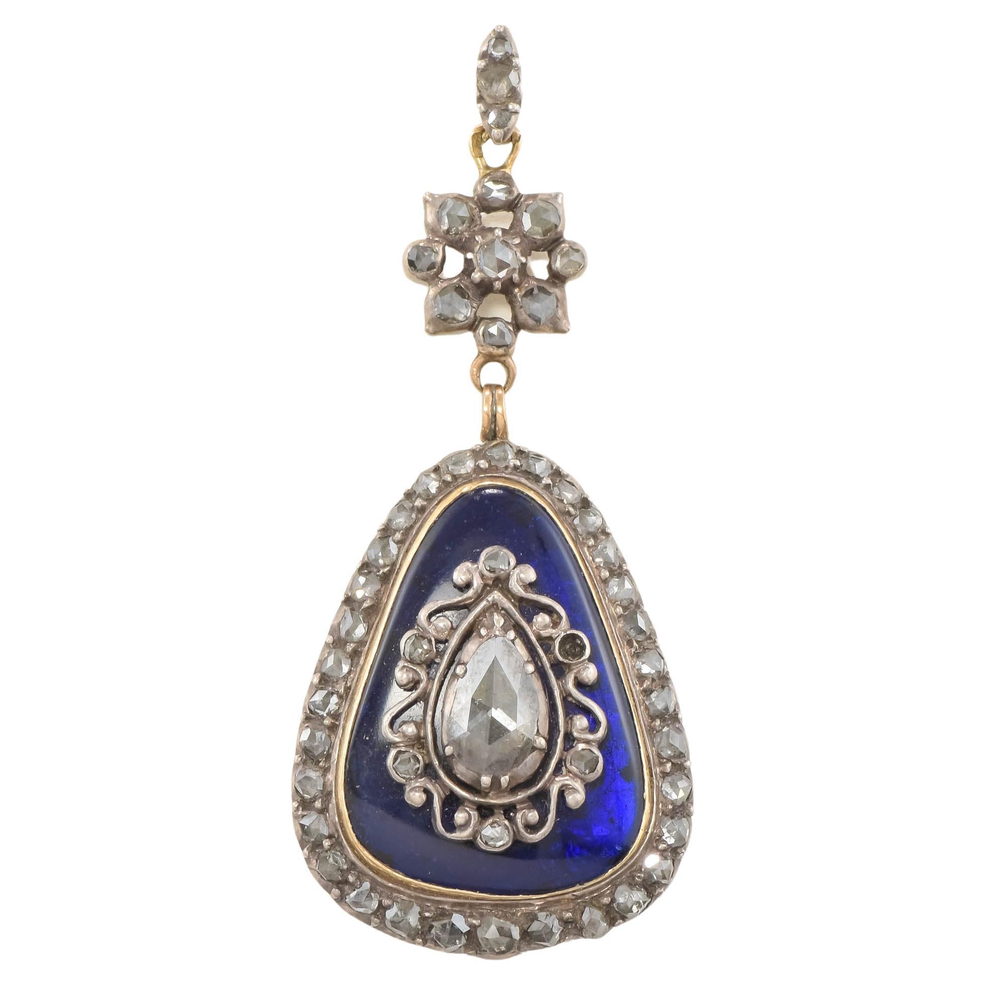 Georgianischer großer Diamant & Bristol Blue Glass Tropfenanhänger mit Handgravur im Angebot