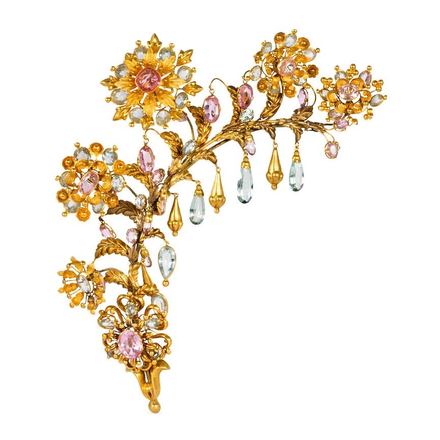 Georgian Large Gold Floral Corsage Brooch with Aquamarines and Pink ...