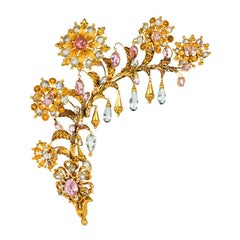 Antique Georgian Large Gold Floral Corsage Brooch with Aquamarines and Pink Topaz