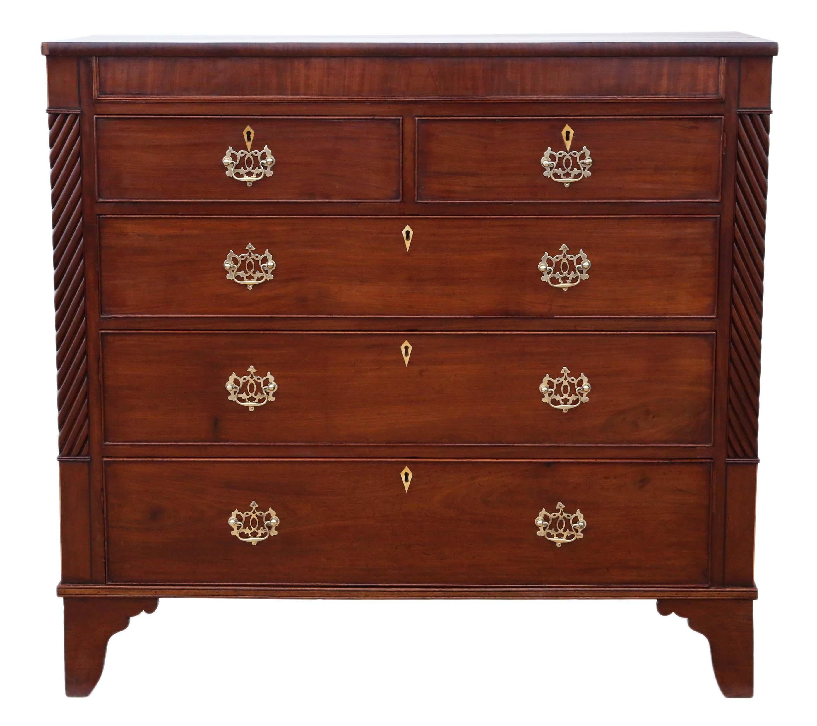 Antique fine quality Georgian large mahogany chest of drawers C1815.
This is a lovely chest.
Solid, no loose joints and no woodworm.
The drawers slide freely. We have no keys and the locks are consequently untested.
Overall maximum dimensions: