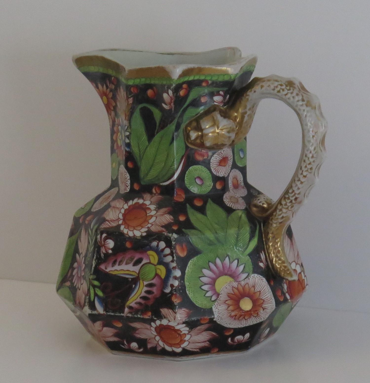 Chinoiserie Georgian Large Mason's Ironstone Jug or Pitcher in rare Butterfly Ptn, Ca 1815