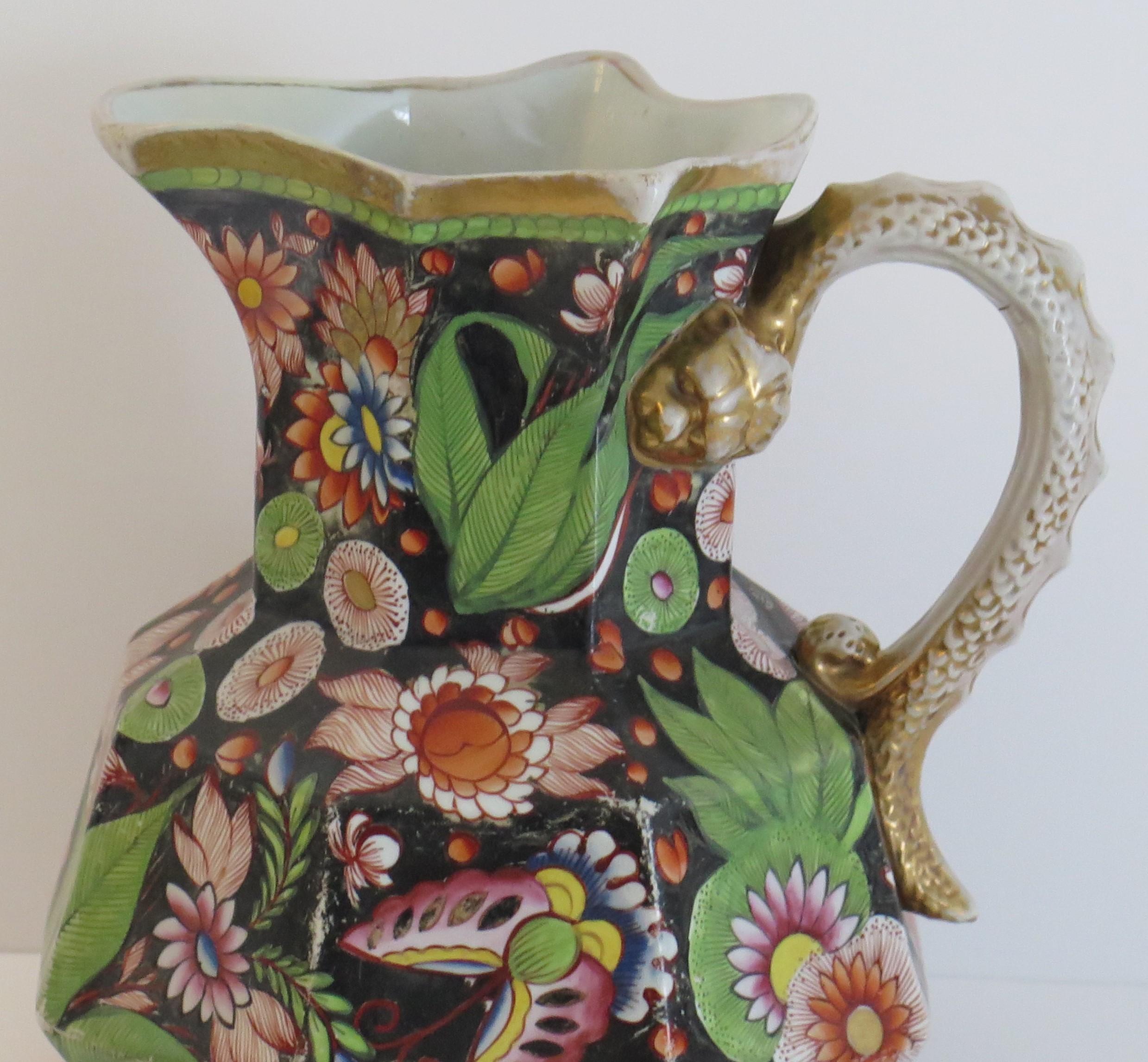 English Georgian Large Mason's Ironstone Jug or Pitcher in rare Butterfly Ptn, Ca 1815