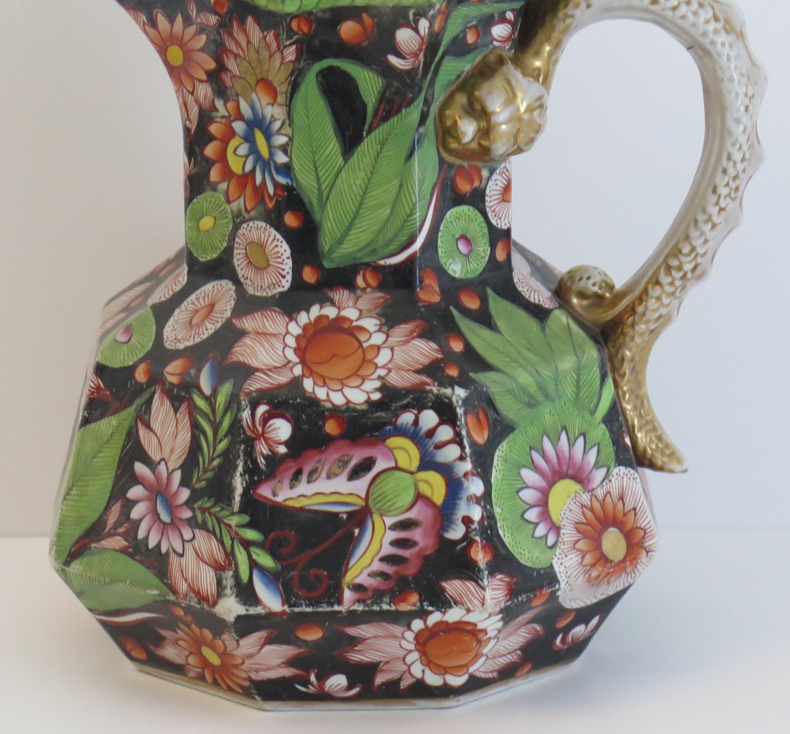 Hand-Painted Georgian Large Mason's Ironstone Jug or Pitcher in rare Butterfly Ptn, Ca 1815