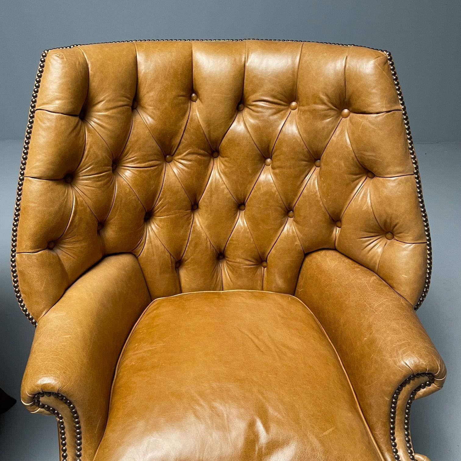 Georgian, Large Tufted Lounge Chairs and Ottomans, Tan Leather, USA, 2000s For Sale 8