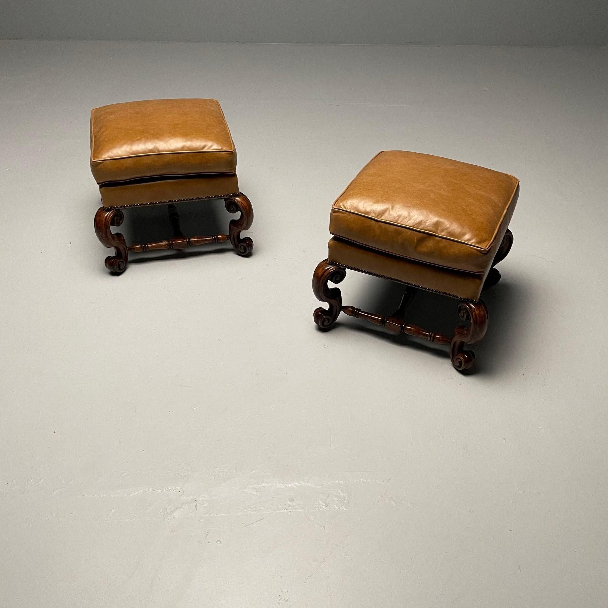 Georgian, Large Tufted Lounge Chairs and Ottomans, Tan Leather, USA, 2000s For Sale 9