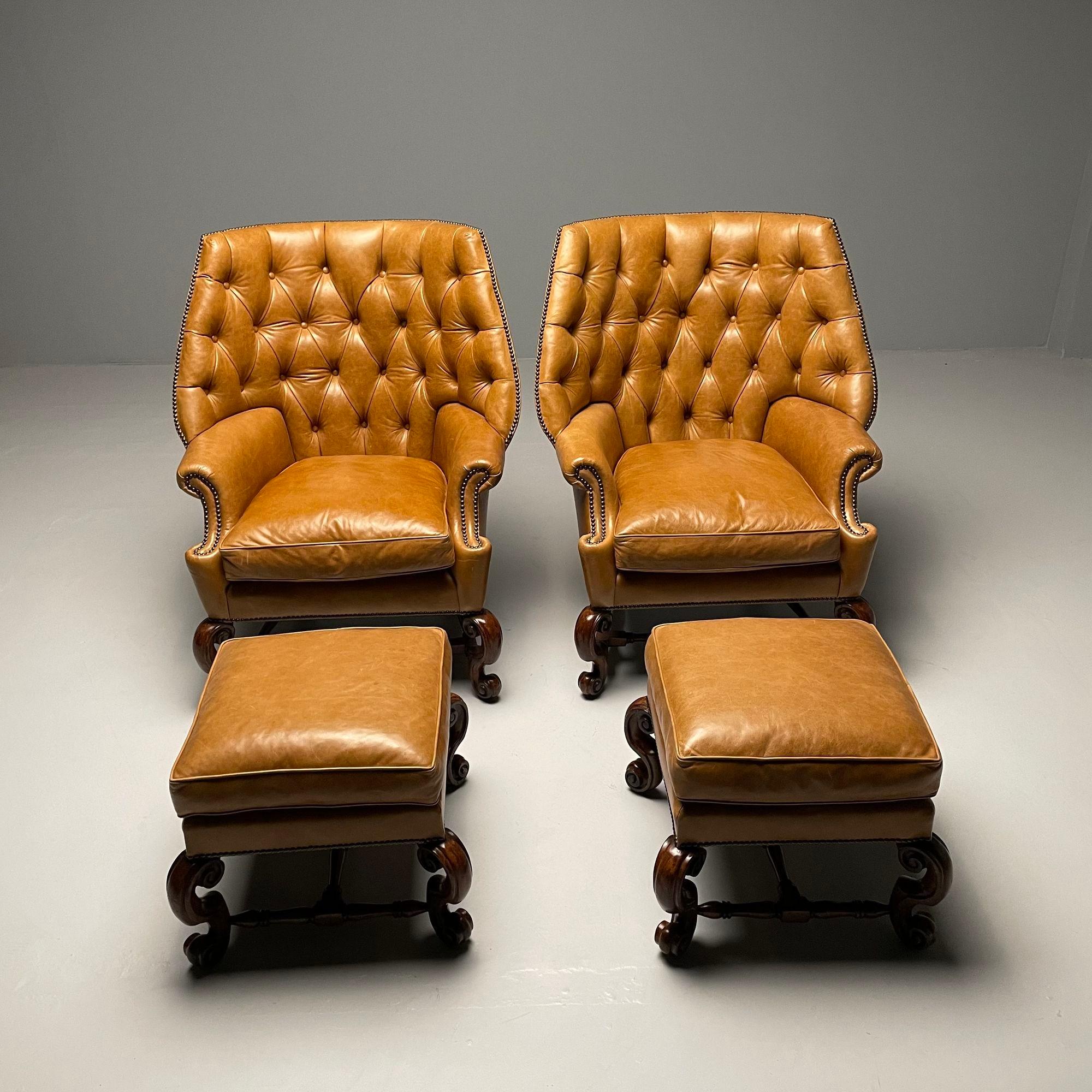 American Georgian, Large Tufted Lounge Chairs and Ottomans, Tan Leather, USA, 2000s For Sale