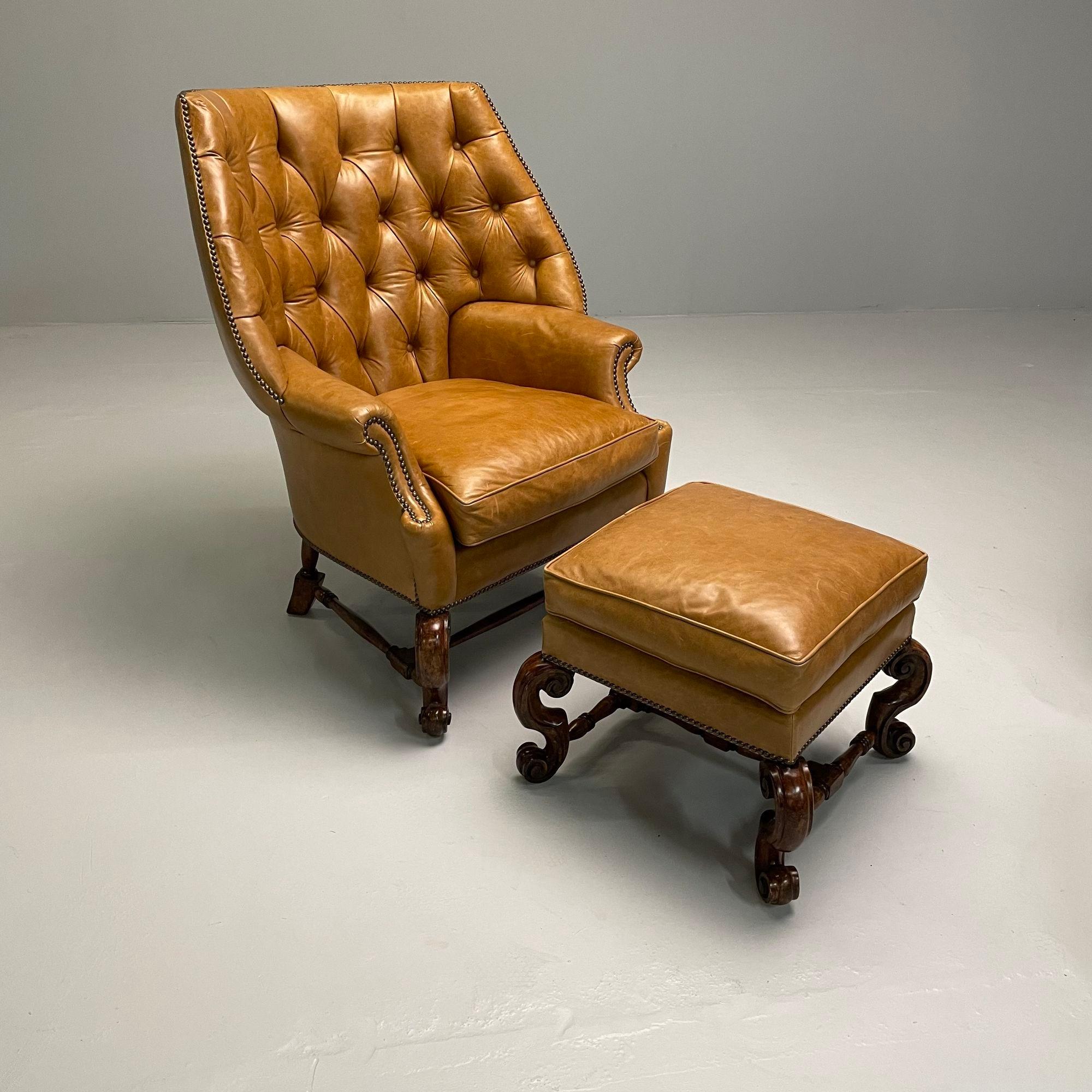 Contemporary Georgian, Large Tufted Lounge Chairs and Ottomans, Tan Leather, USA, 2000s For Sale