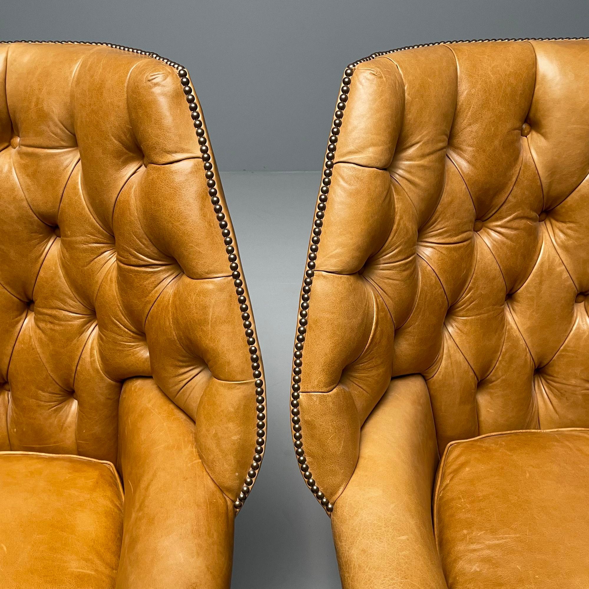 Georgian, Large Tufted Lounge Chairs and Ottomans, Tan Leather, USA, 2000s For Sale 1