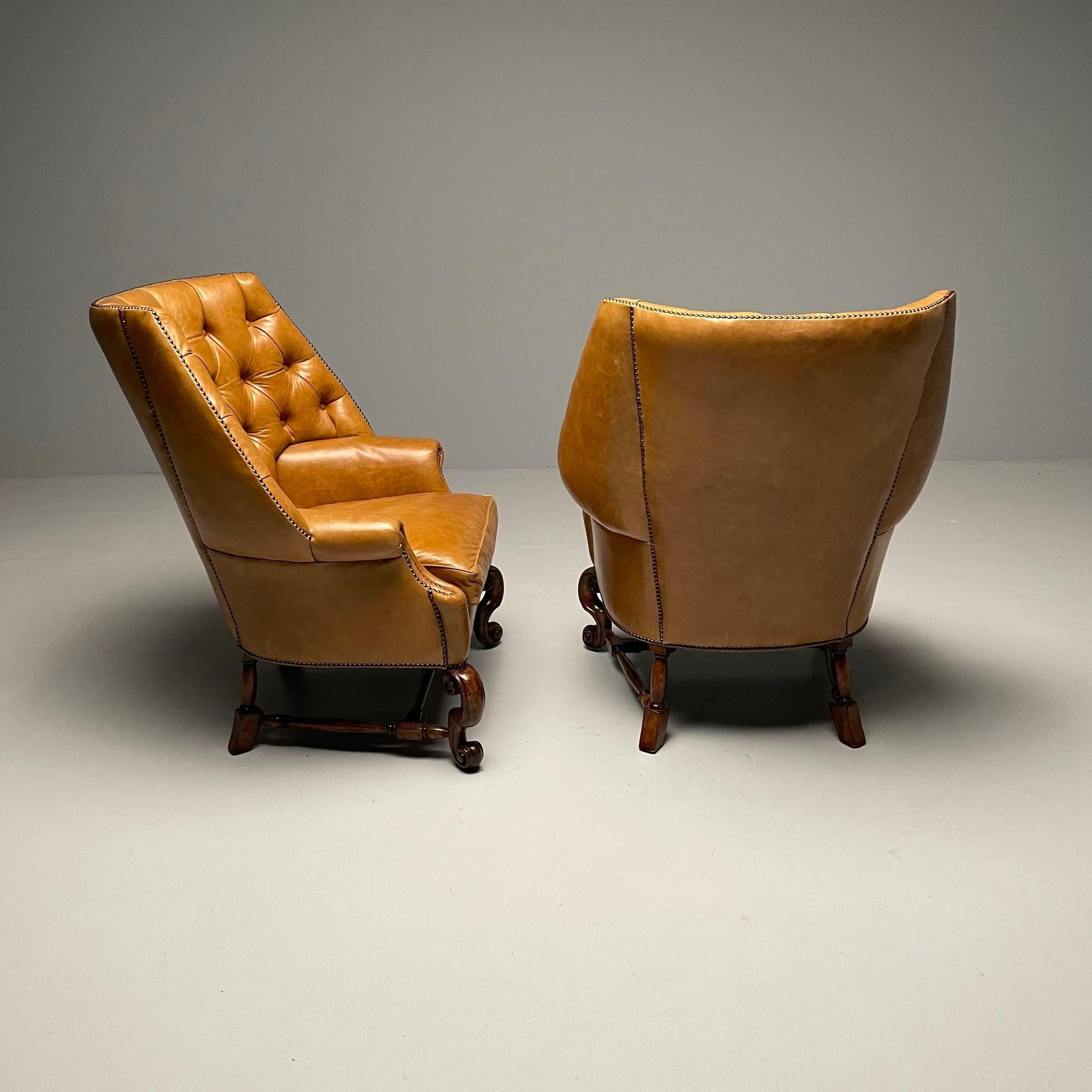 Georgian, Large Tufted Lounge Chairs and Ottomans, Tan Leather, USA, 2000s For Sale 2