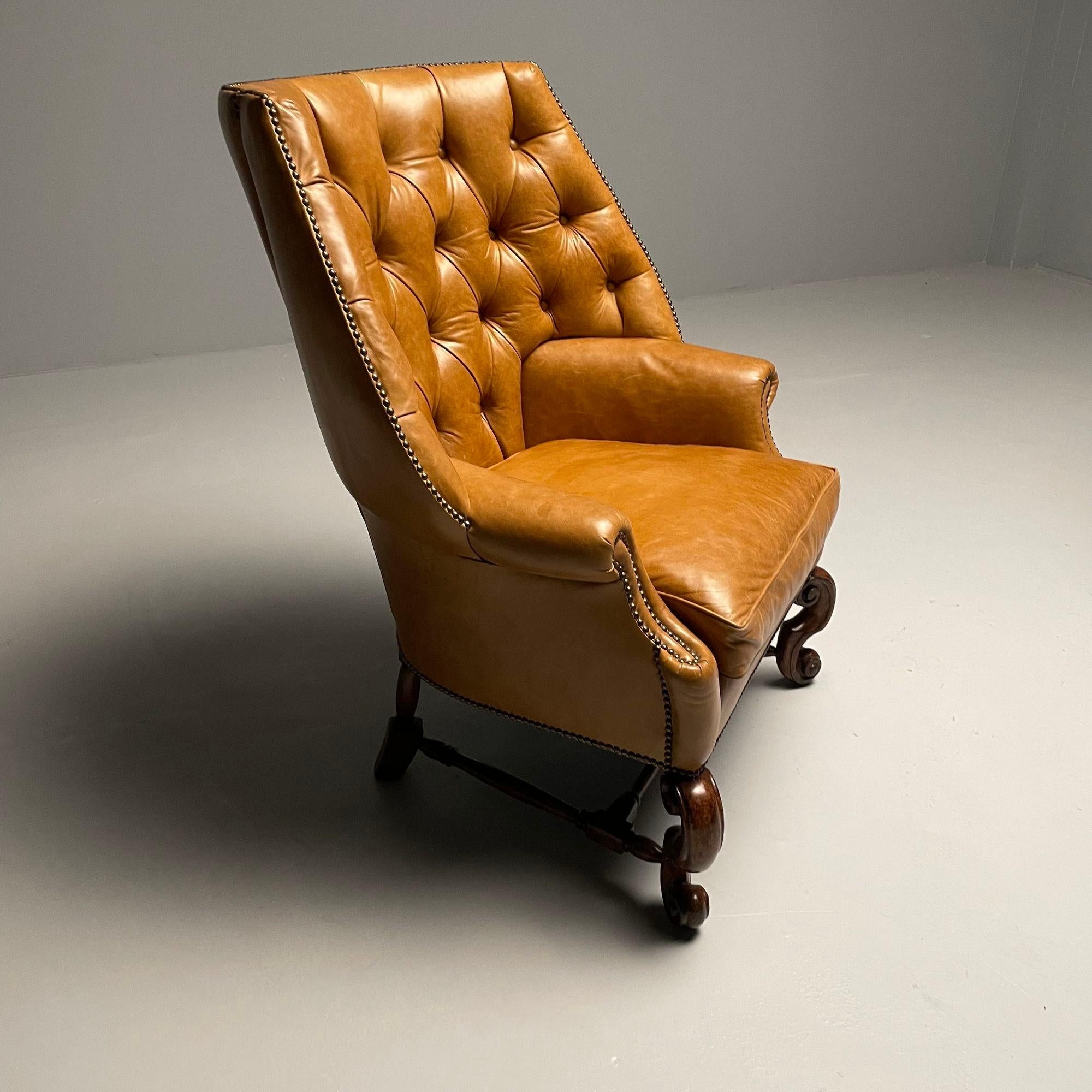 Grands fauteuils de salon et poufs géorgiens, cuir brun clair, États-Unis, années 2000 en vente 1