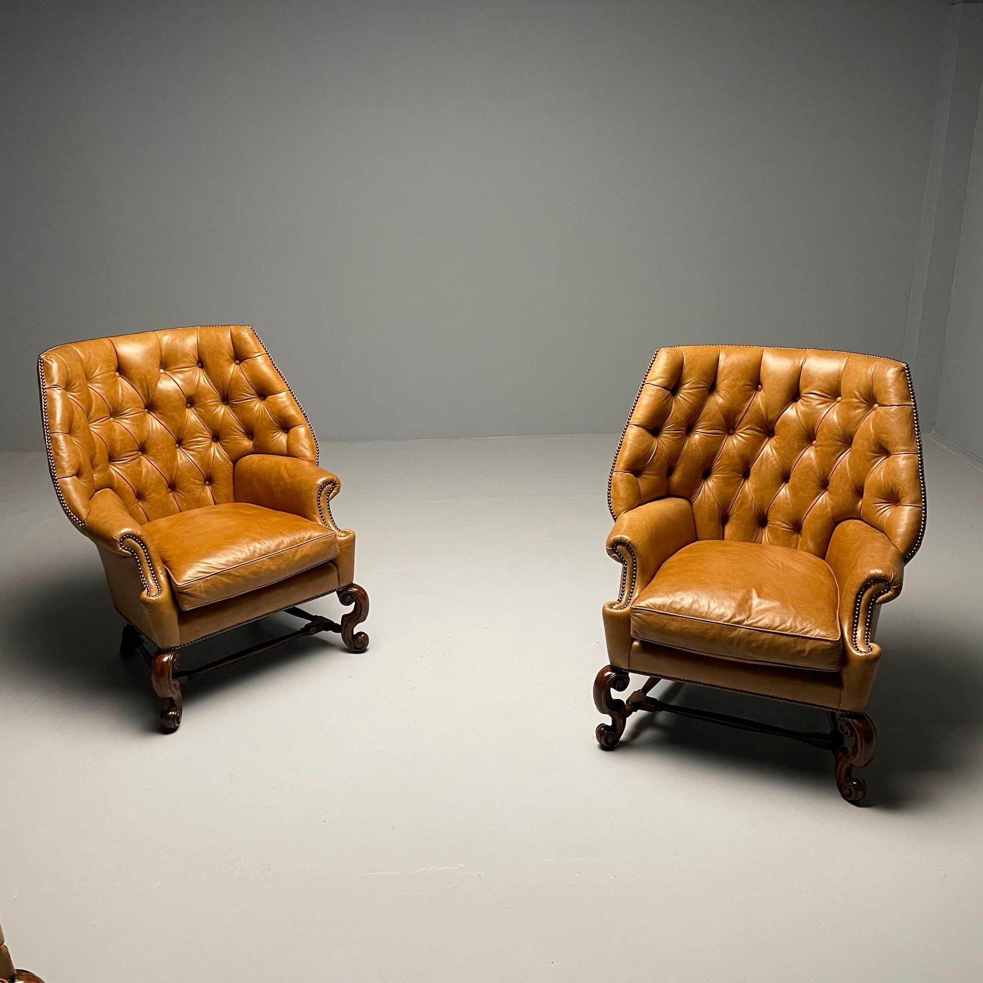 Grands fauteuils de salon et poufs géorgiens, cuir brun clair, États-Unis, années 2000 en vente 2