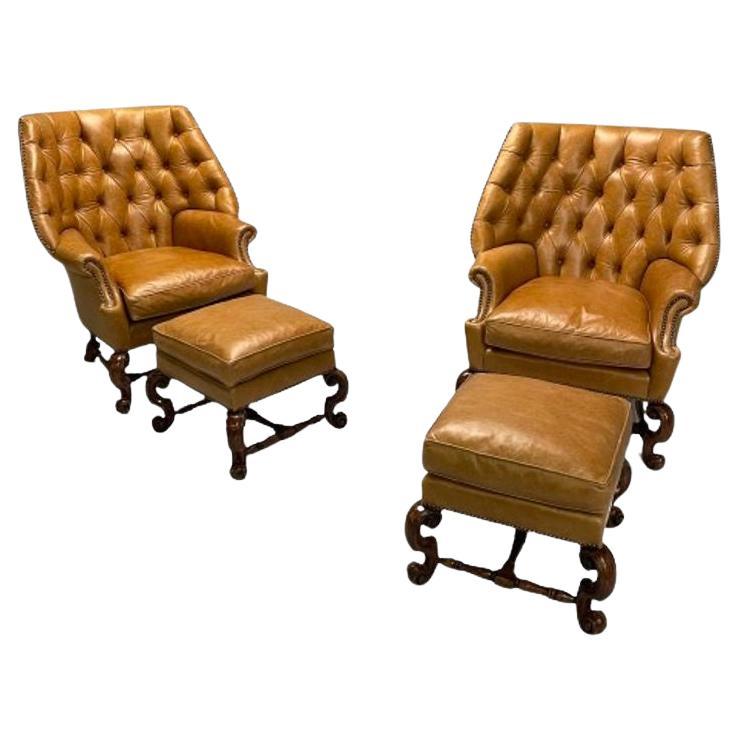 Georgian, Large Tufted Lounge Chairs and Ottomans, Tan Leather, USA, 2000s For Sale