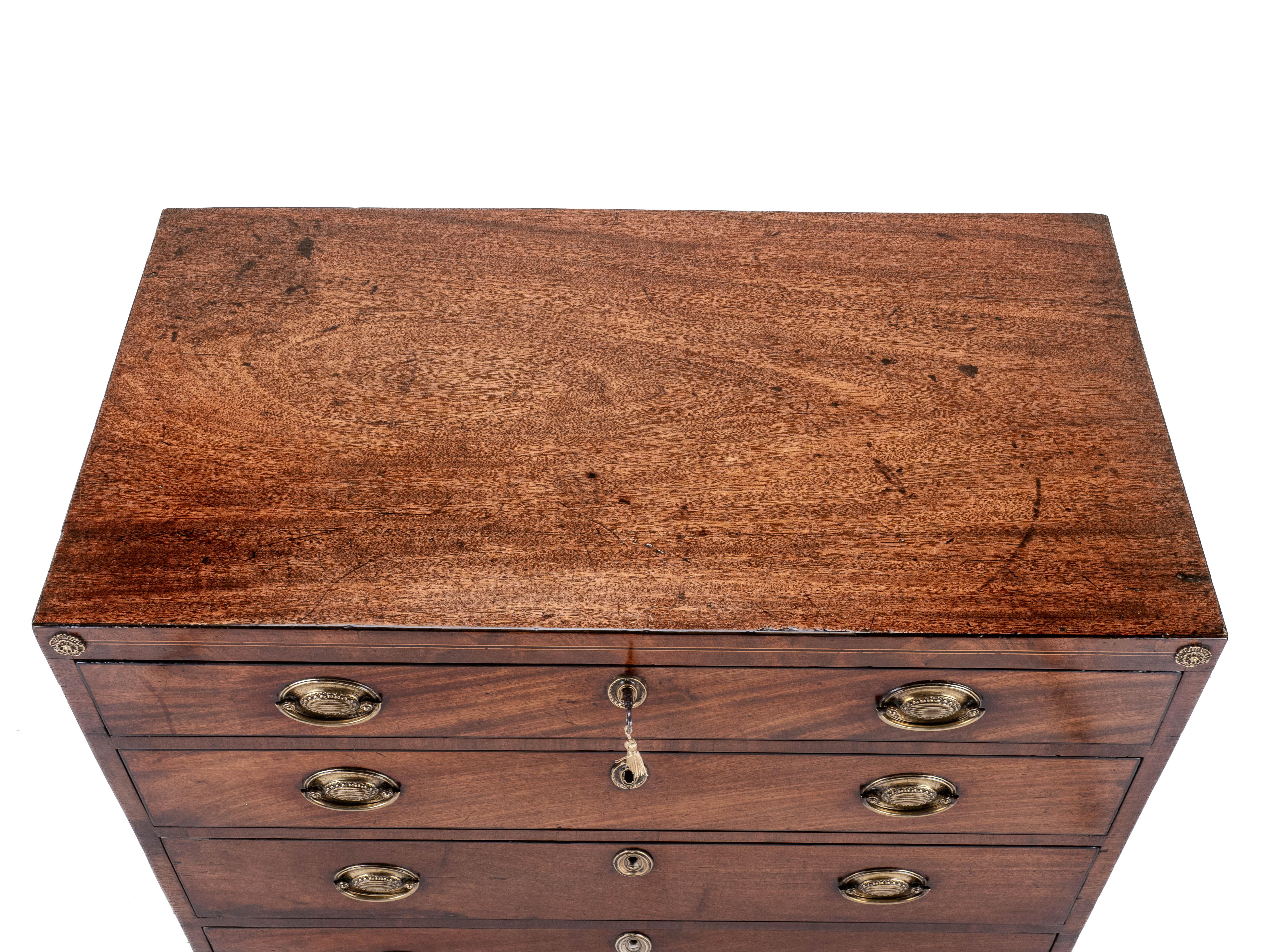 Brass Georgian Late c.18th Mahogany Inlaid Caddy Top Small Chest of Drawers For Sale