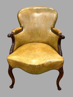 Georgian Mahogany Green Leather Upholstered Armchair with Nailhead Trim