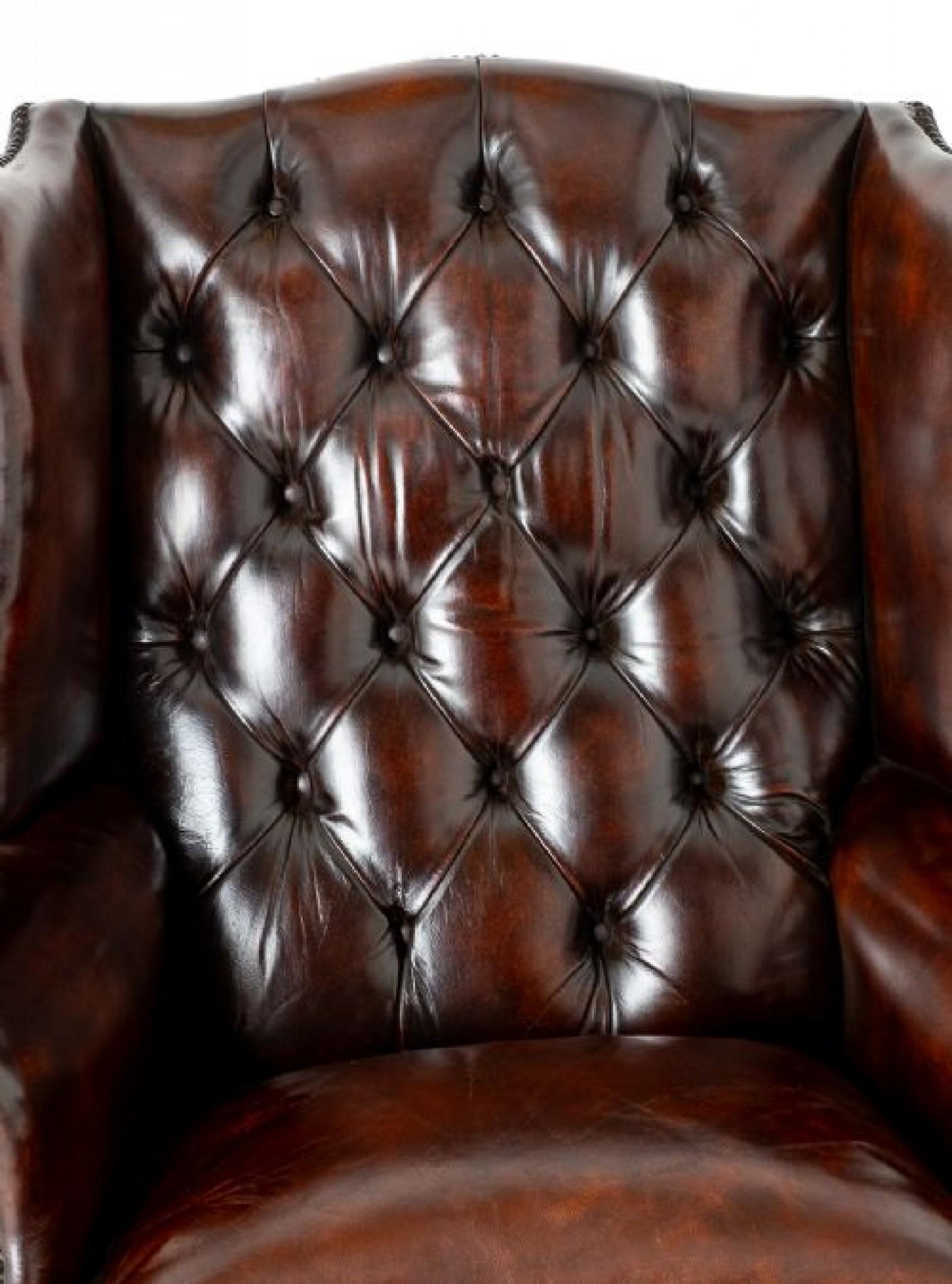 Georgian Leather Wing Chair Chesterfield Revival In Good Condition For Sale In Potters Bar, GB
