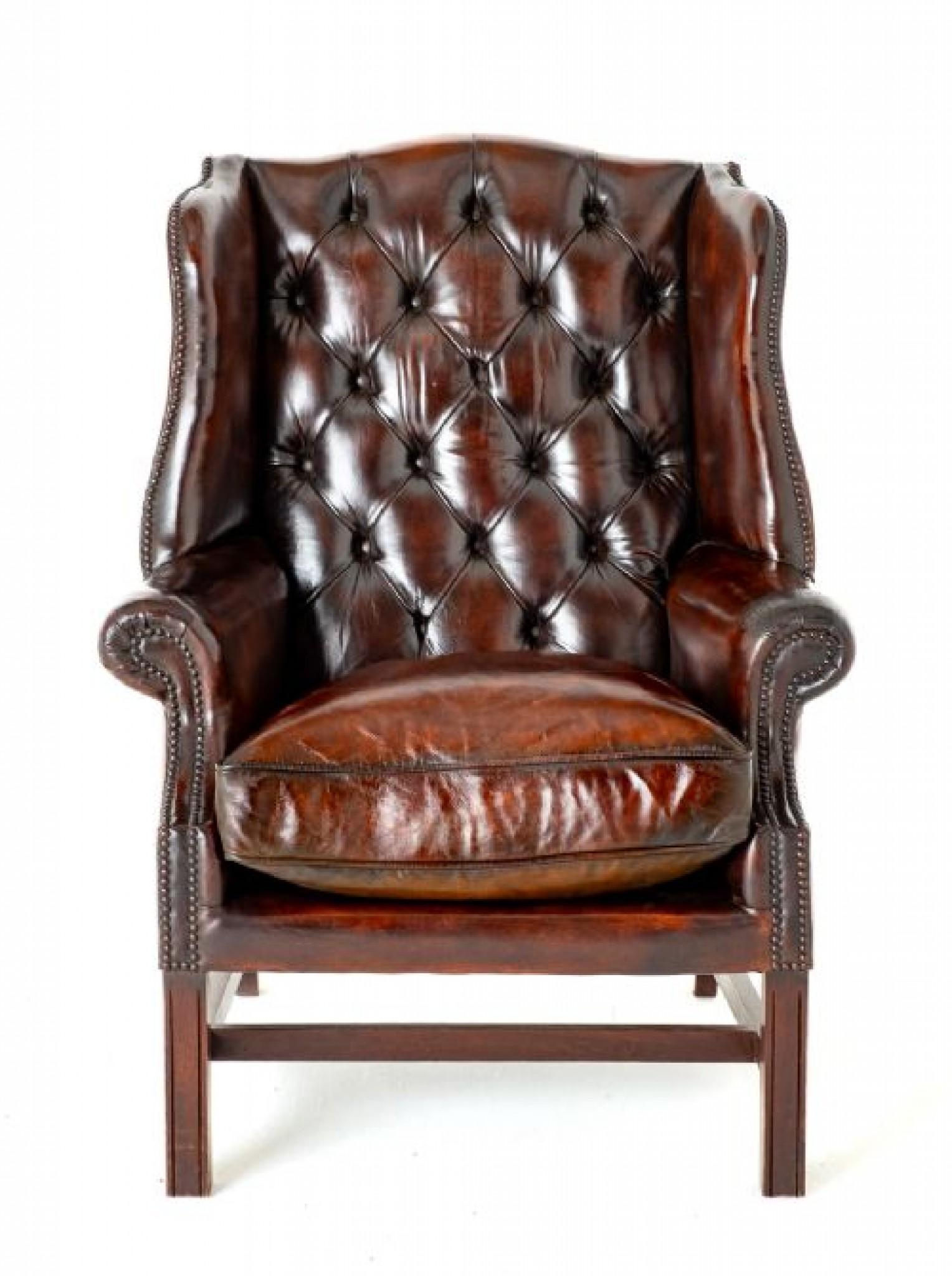 Early 20th Century Georgian Leather Wing Chair Chesterfield Revival For Sale