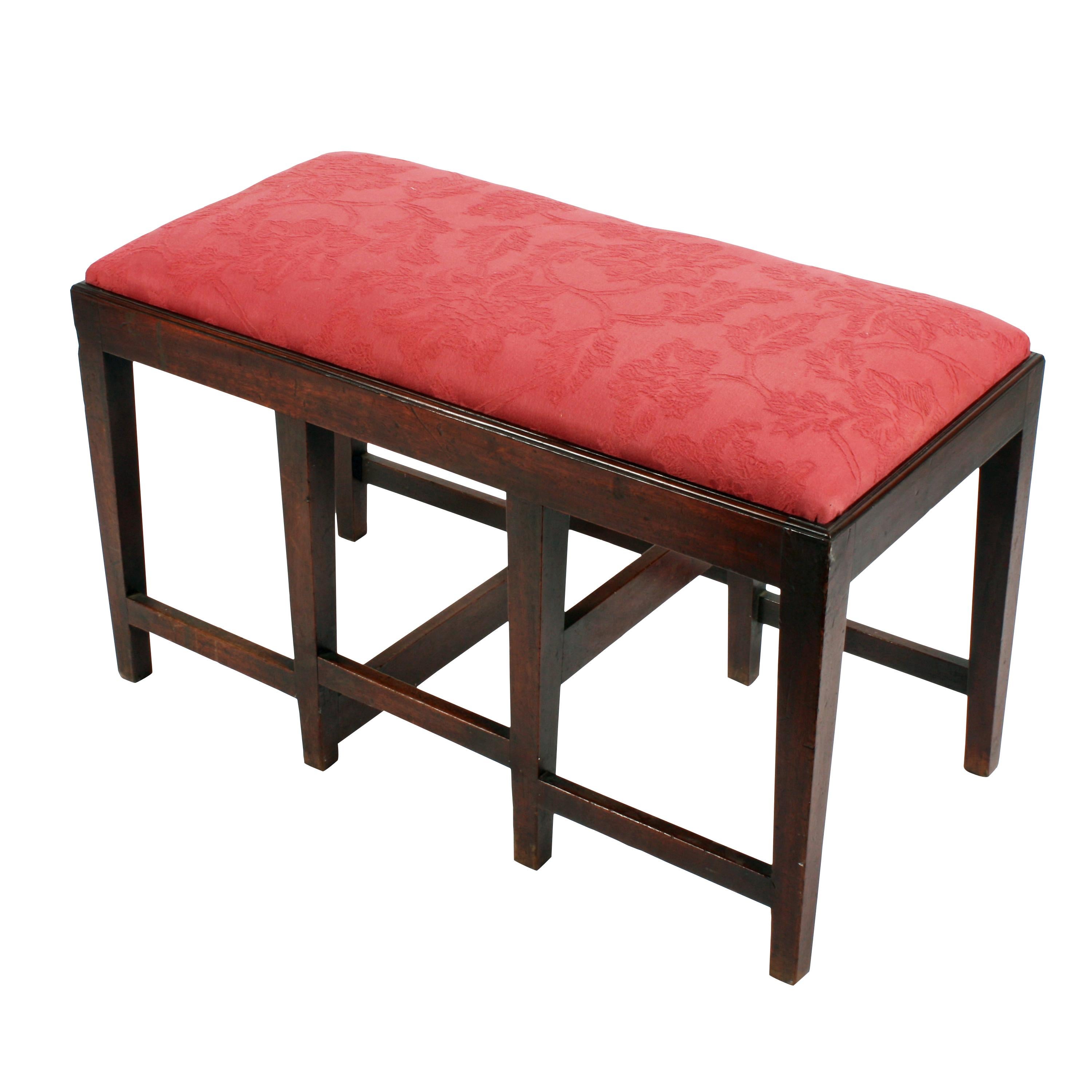 Georgian library step stool


A late 18th to early 19th century Georgian metamorphic mahogany library step/stool.

The stool has a long loose pad seat with a contemporary covering and eight square tapering legs that are joined by cross