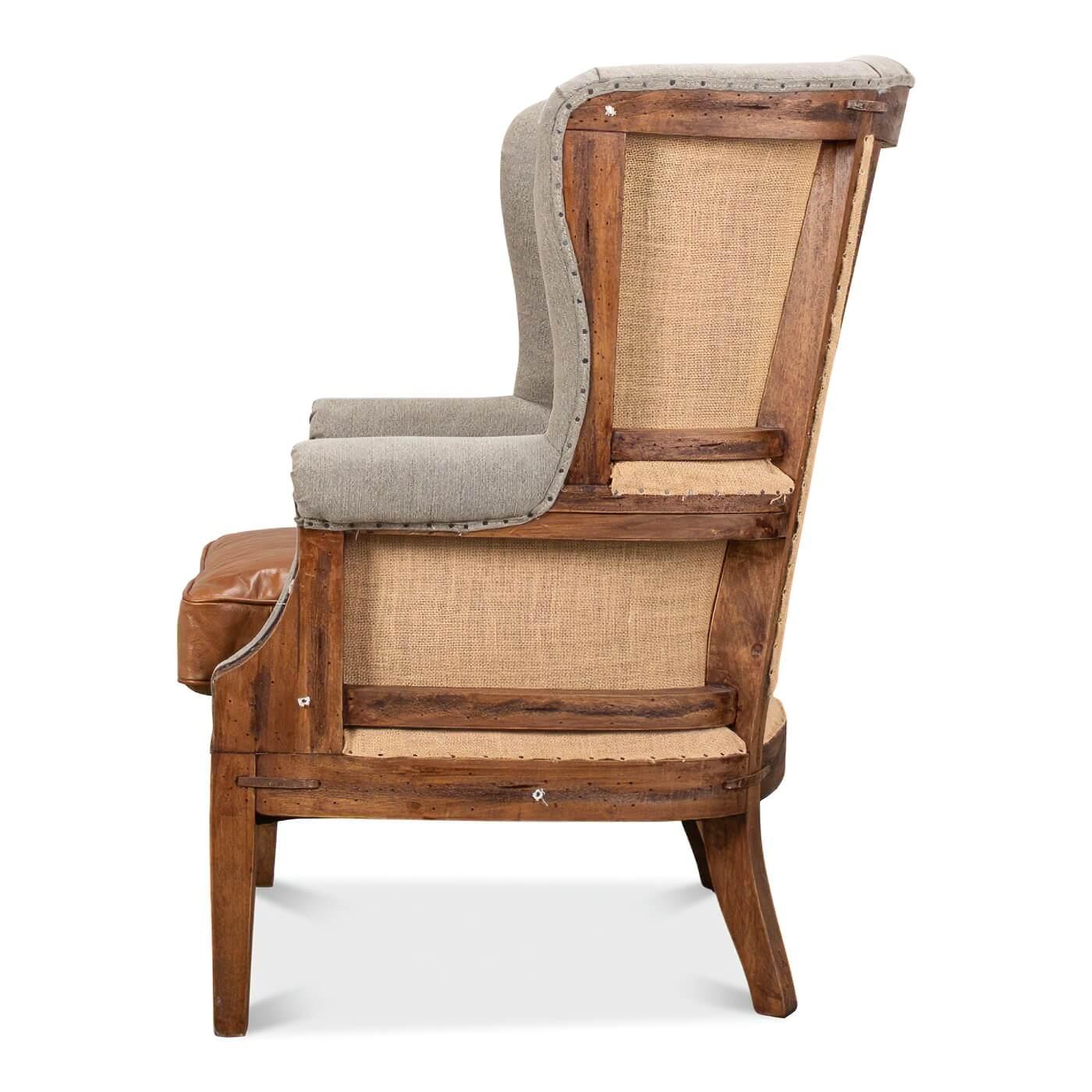 Asian Georgian Linen and Leather Wingchair For Sale