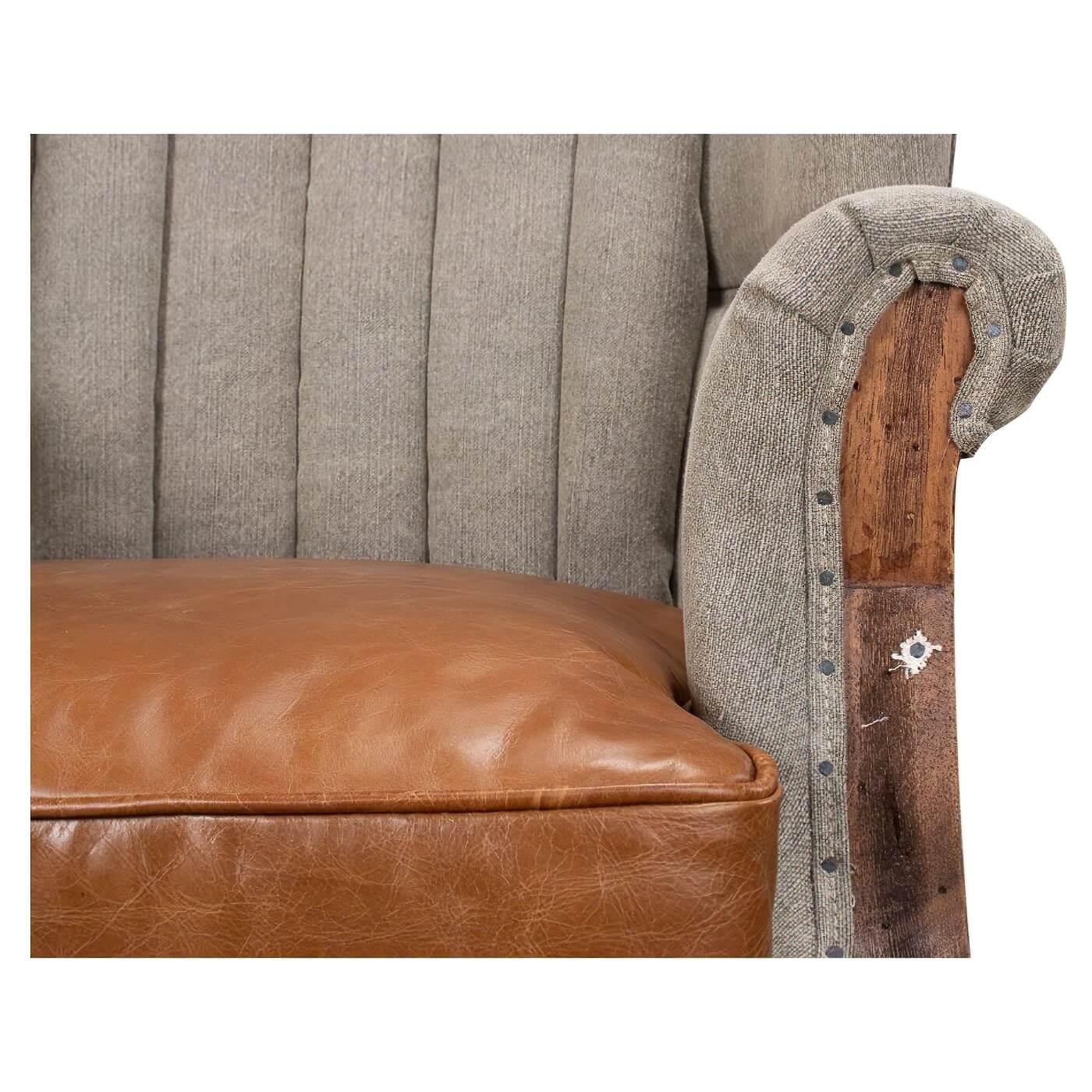 Georgian Linen and Leather Wingchair For Sale 2