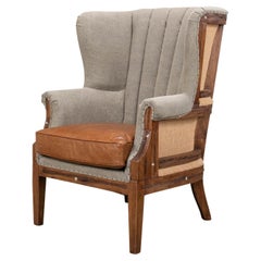 Georgian Linen and Leather Wingchair
