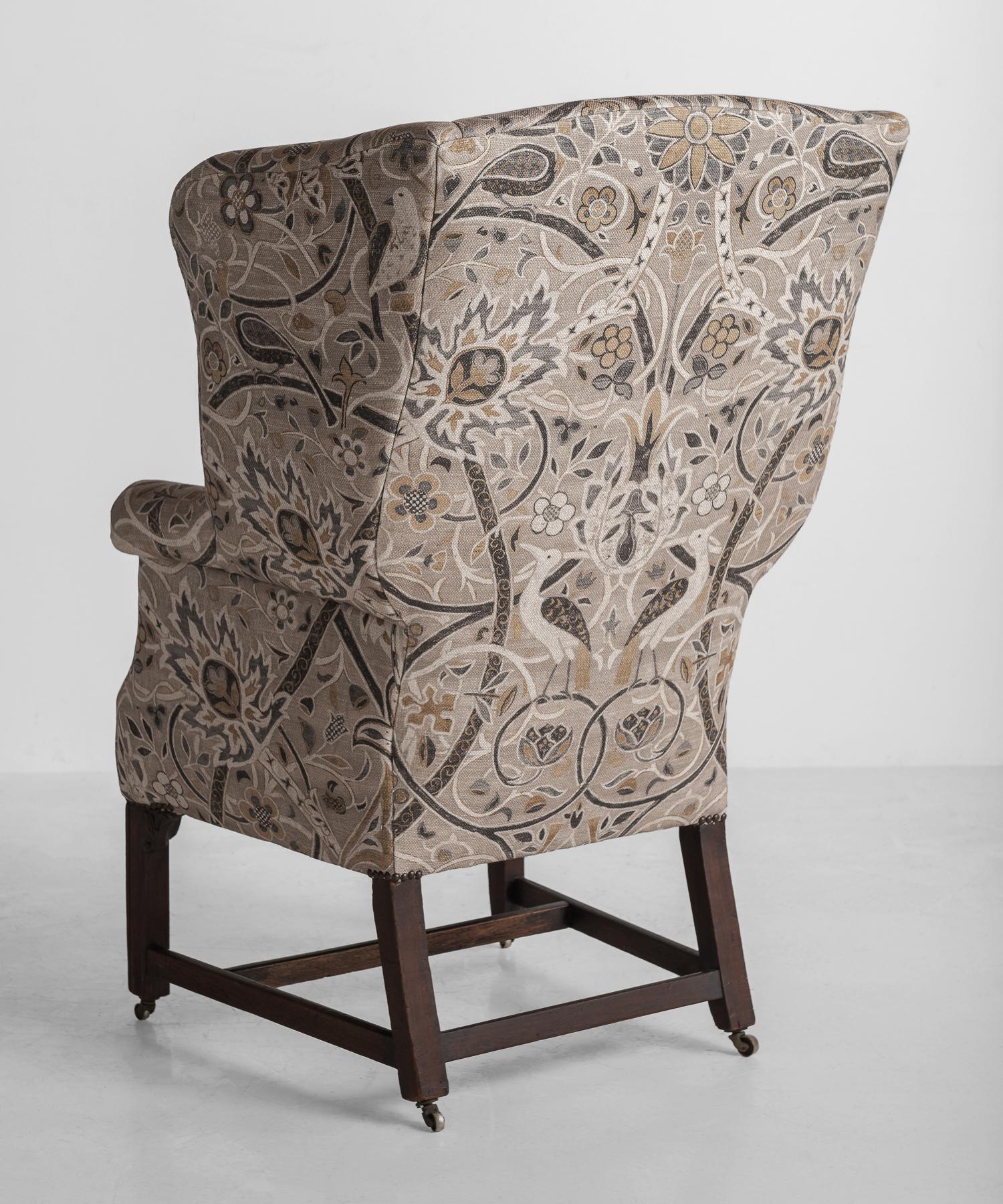 English Georgian Linen Wingback Chair, England, circa 1760