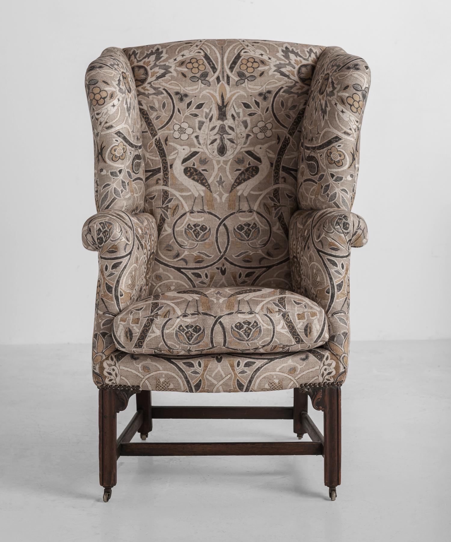 Georgian Linen Wingback Chair, England, circa 1760 In Excellent Condition In Culver City, CA