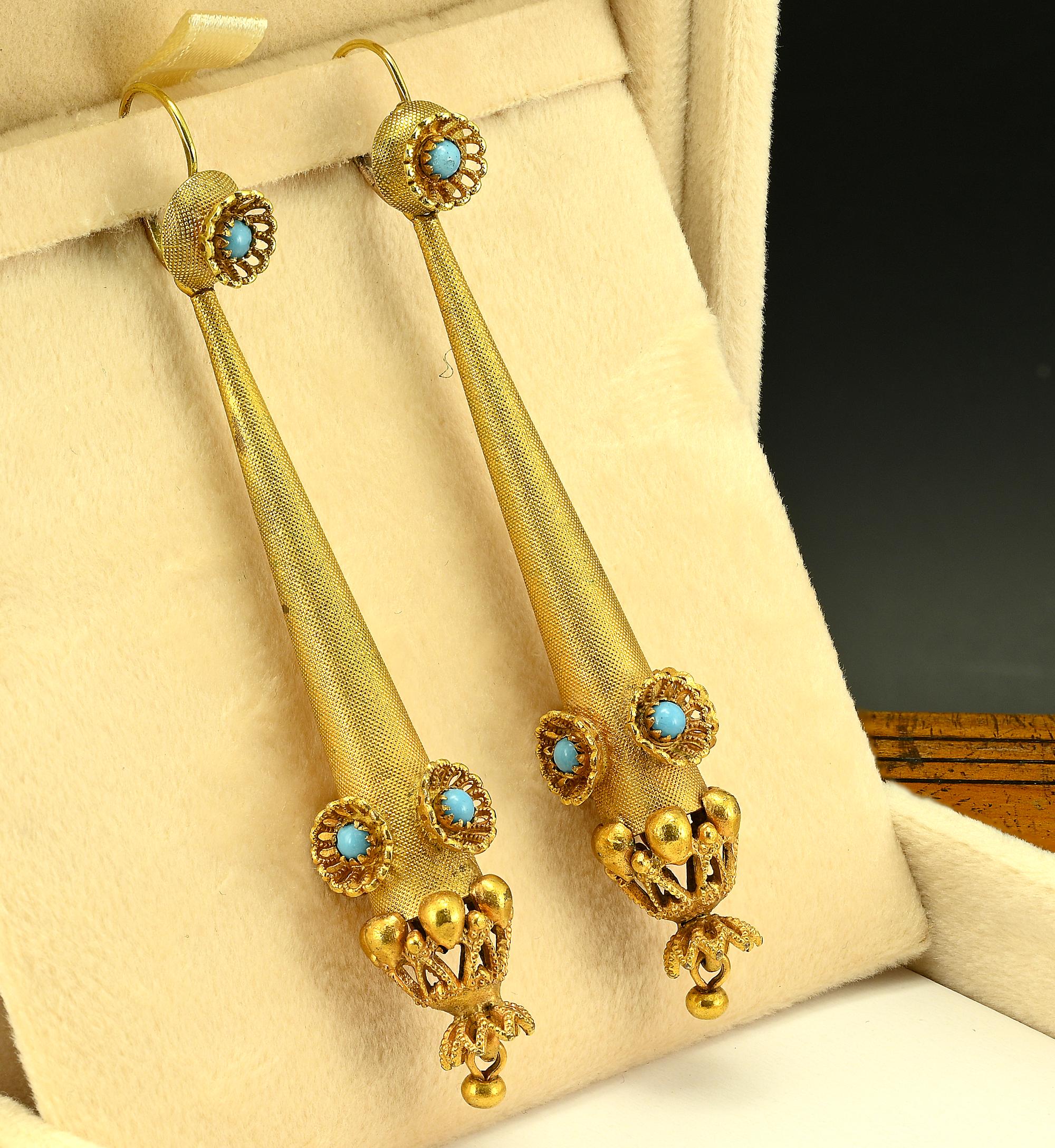 Georgian Long Torpedo Turquoise Earrings 10 KT In Fair Condition In Napoli, IT