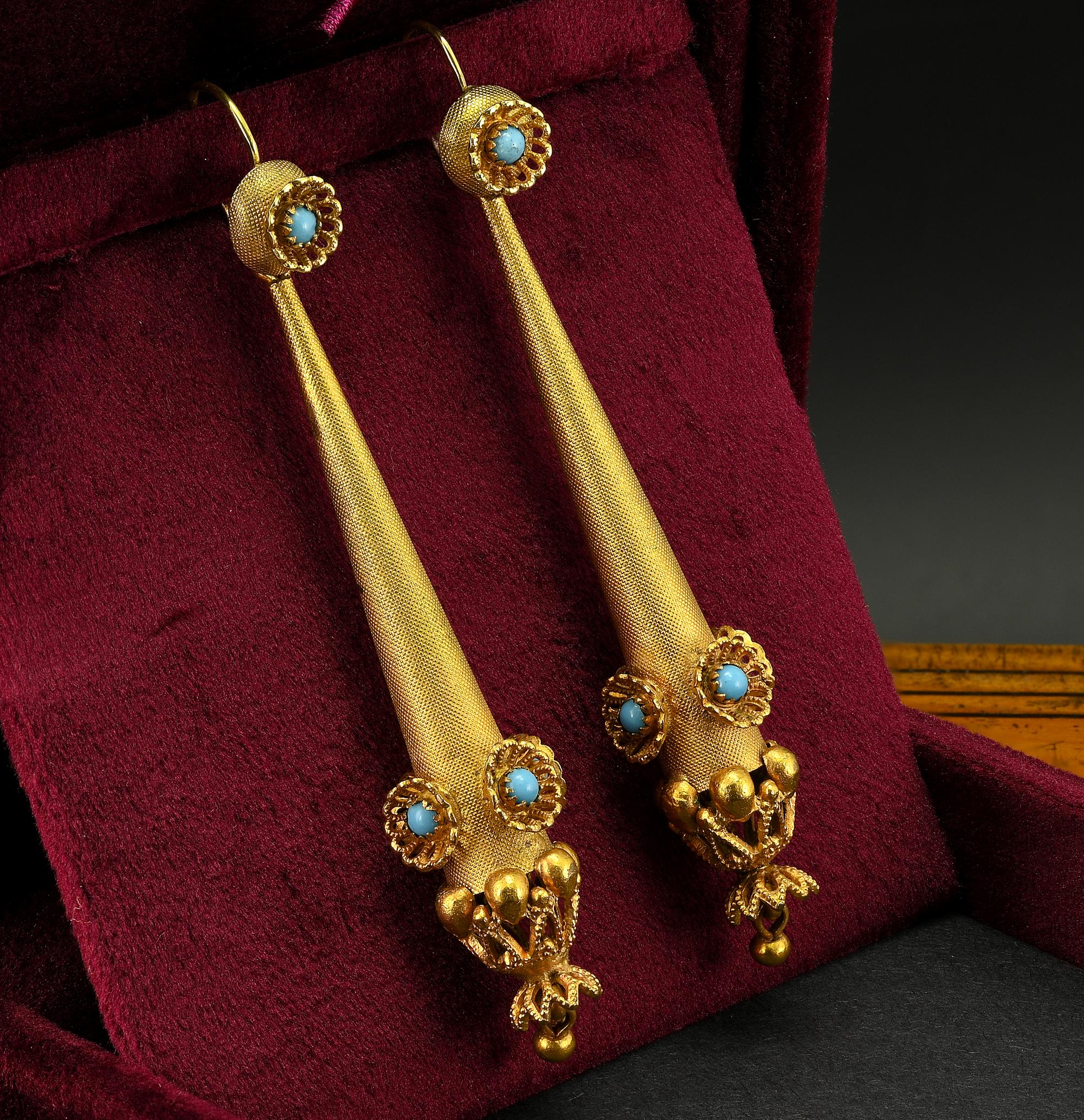 Women's Georgian Long Torpedo Turquoise Earrings 10 KT