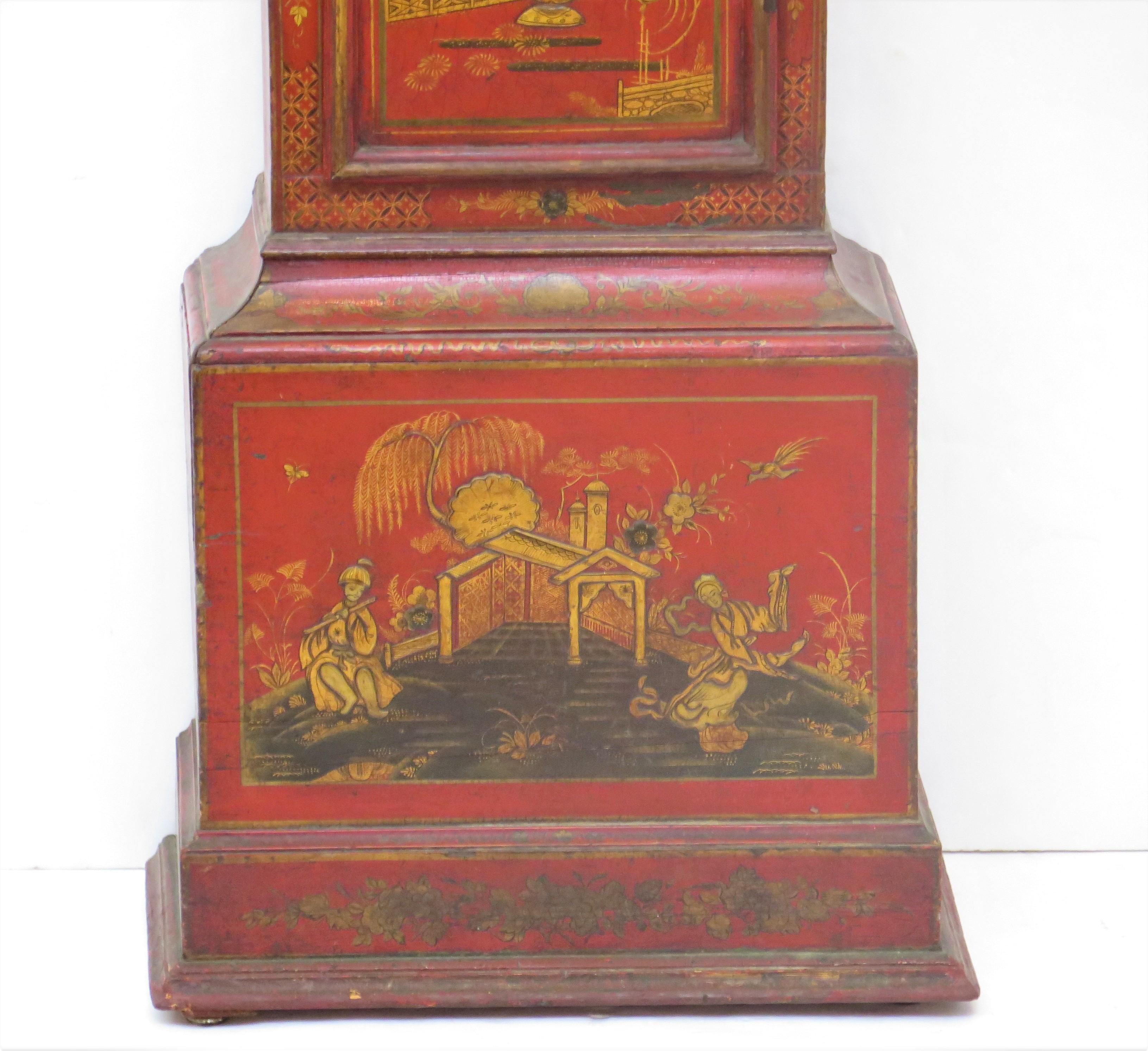 Georgian Longcase Clock with Red Chinoiserie Decoration For Sale 4