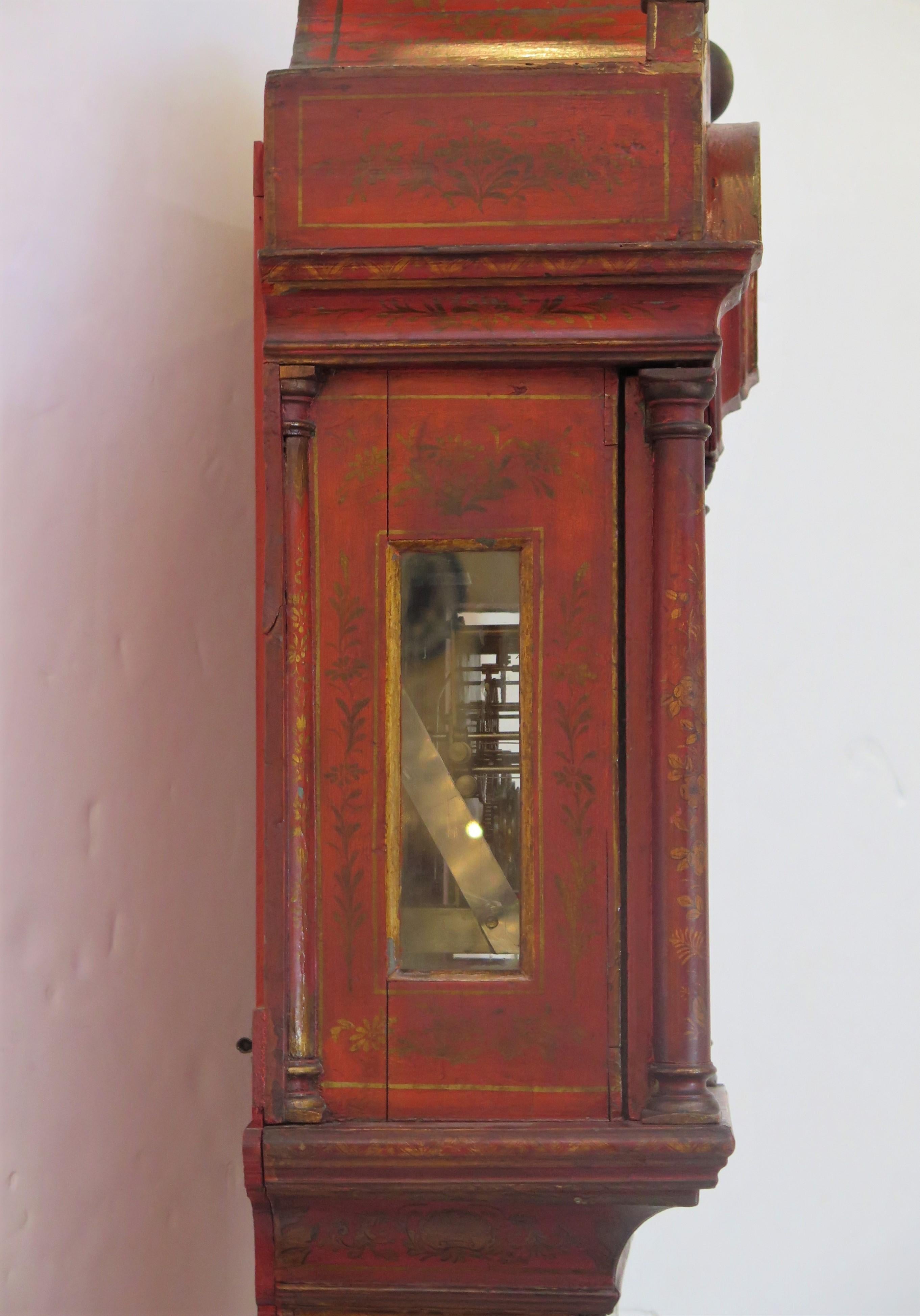 Georgian Longcase Clock with Red Chinoiserie Decoration For Sale 7