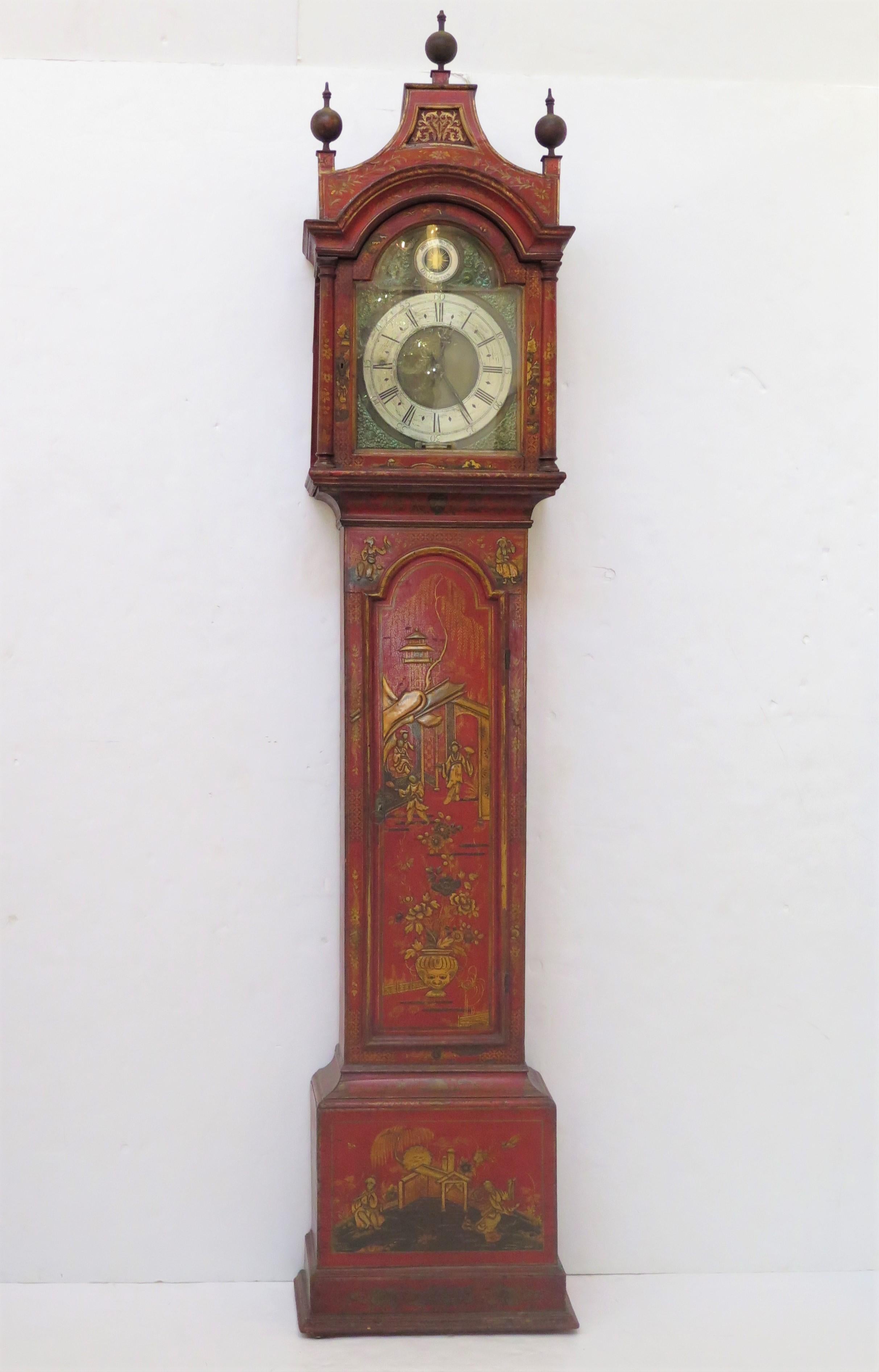 Georgian red-lacquered longcase / tall-case clock with gilt Chinoiserie decoration, marked William Wilson / Darlington with sunburst decoration, brass dial with repousse spandrels and silvered chapter ring with black Roman numerals; includes built
