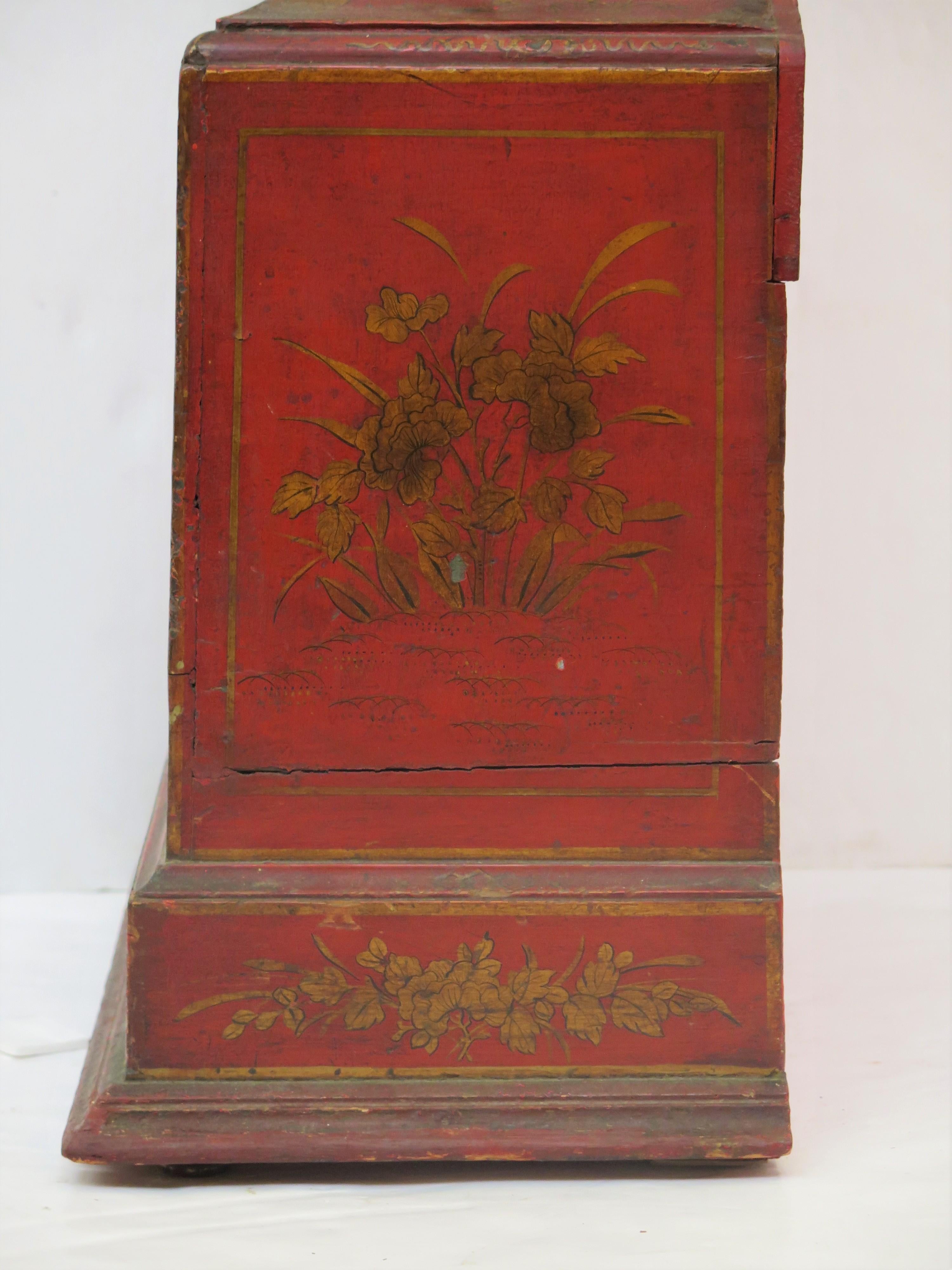 Georgian Longcase Clock with Red Chinoiserie Decoration For Sale 11