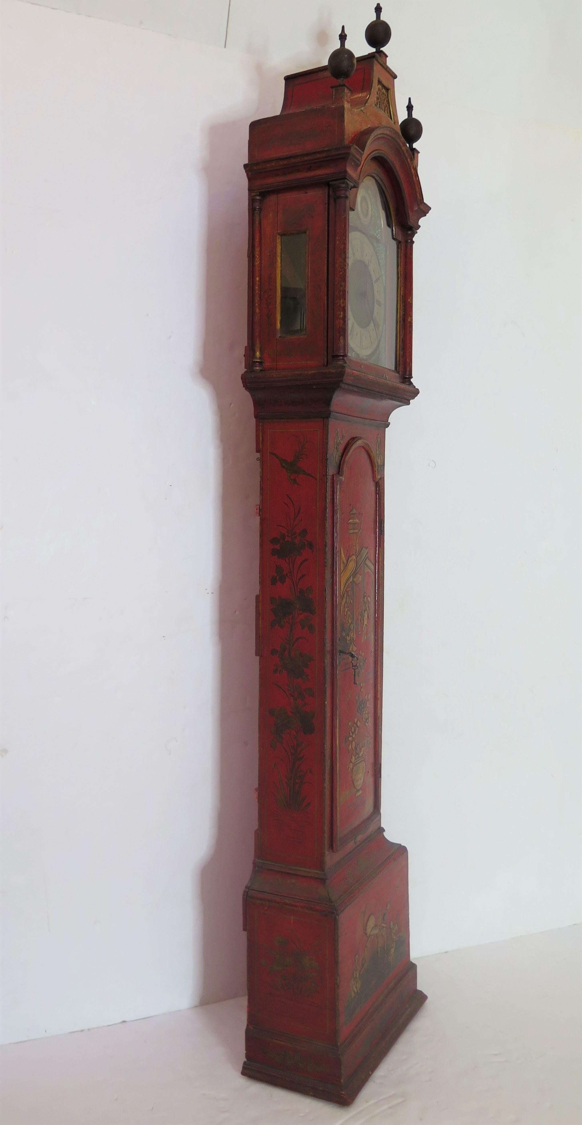 Georgianische Standuhr mit roter Chinoiserie-Dekoration (Handbemalt) im Angebot