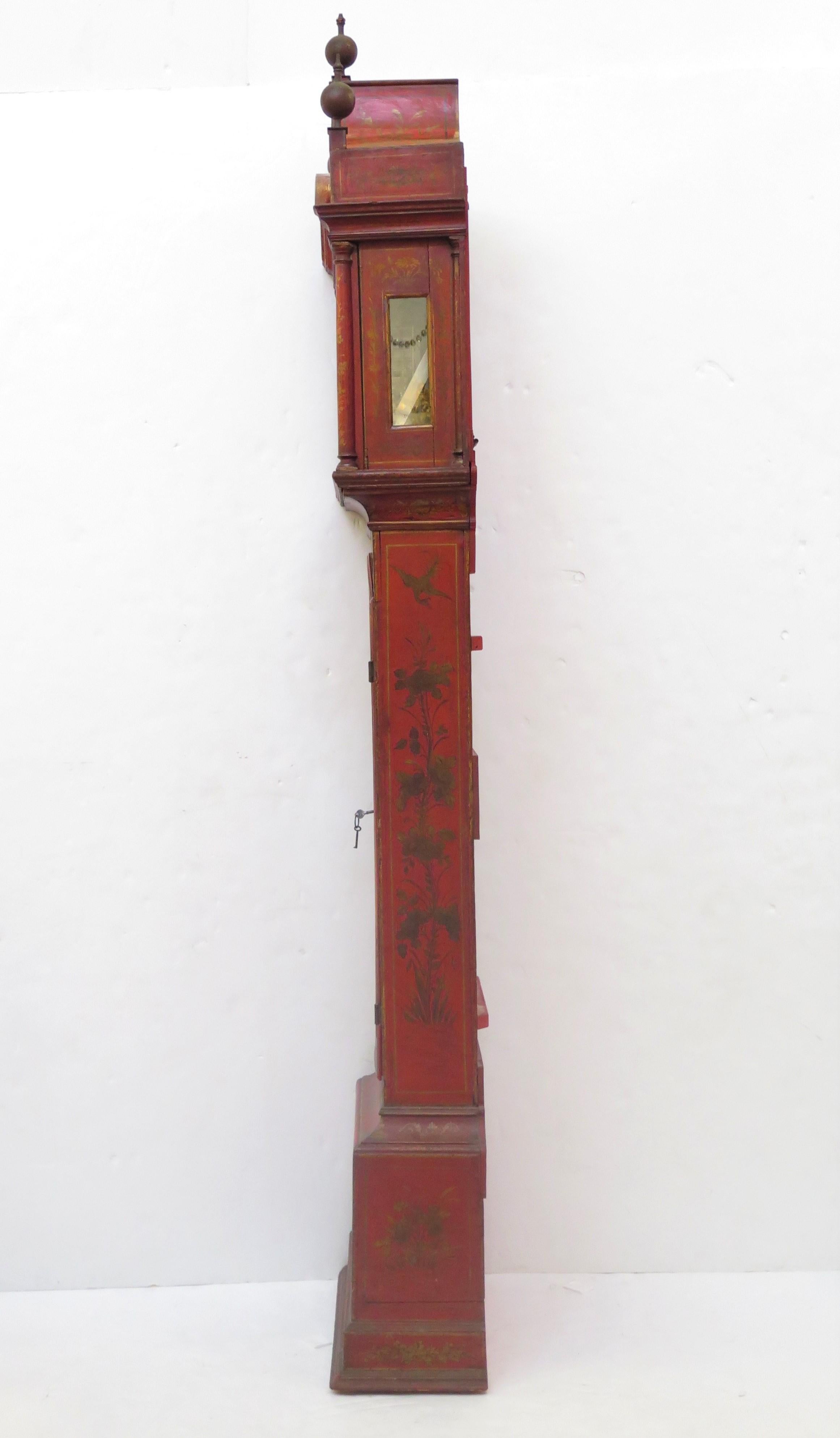 English Georgian Longcase Clock with Red Chinoiserie Decoration For Sale
