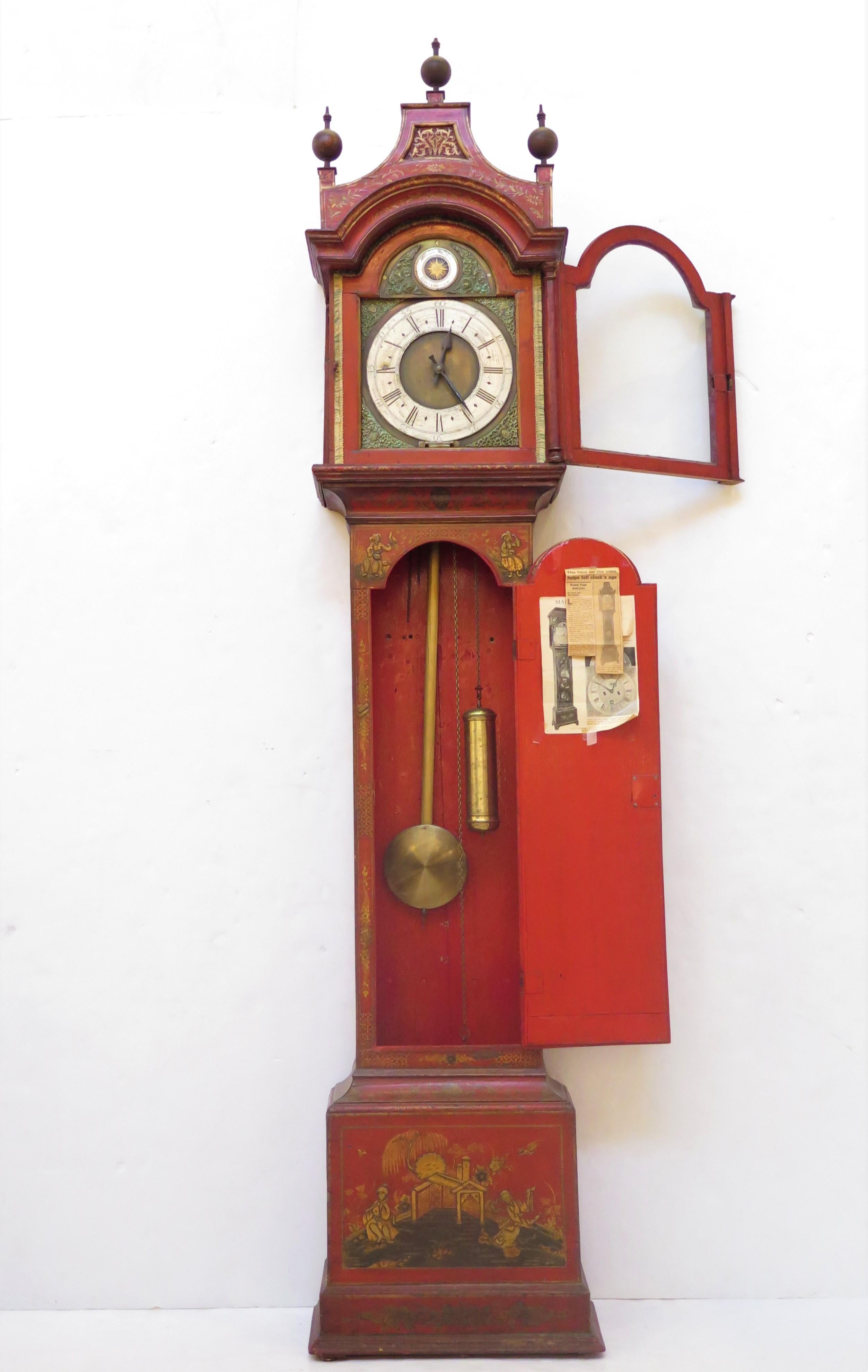 Hand-Painted Georgian Longcase Clock with Red Chinoiserie Decoration For Sale